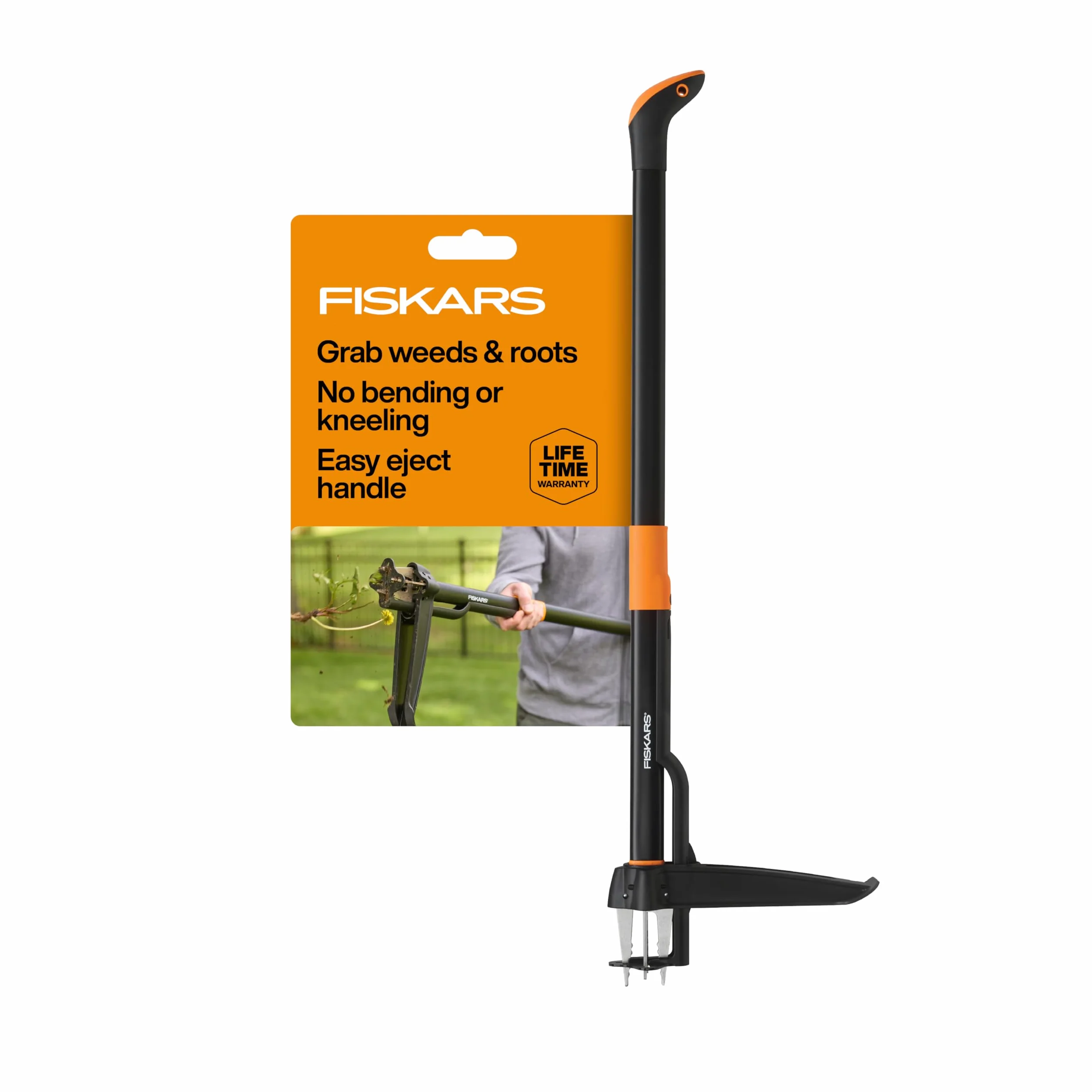 Fiskars Outil d'arrache-mauvaises herbes, 4 griffes dentelées, acier inoxydable, retrait permanent, la plate-forme de pied renforcée pénètre les sols durs, poignée ergonomique et décalée, 99,1 cm