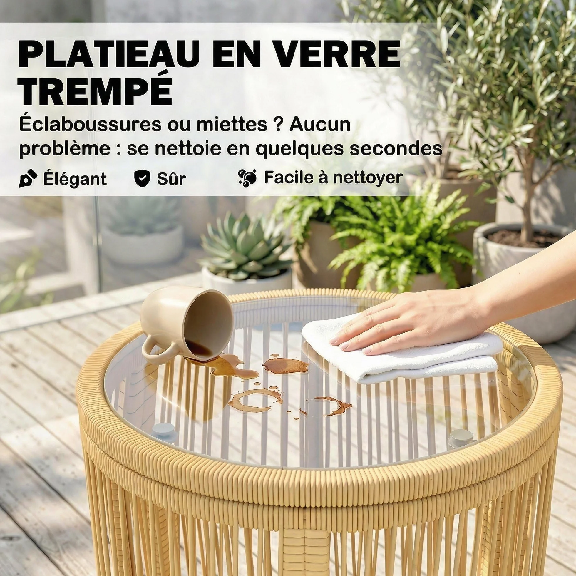Outsunny Ensemble Bistro 3 Pièces Résine Tressée Salon Balcon 2 Fauteuils Table Verre Trempé Beige
