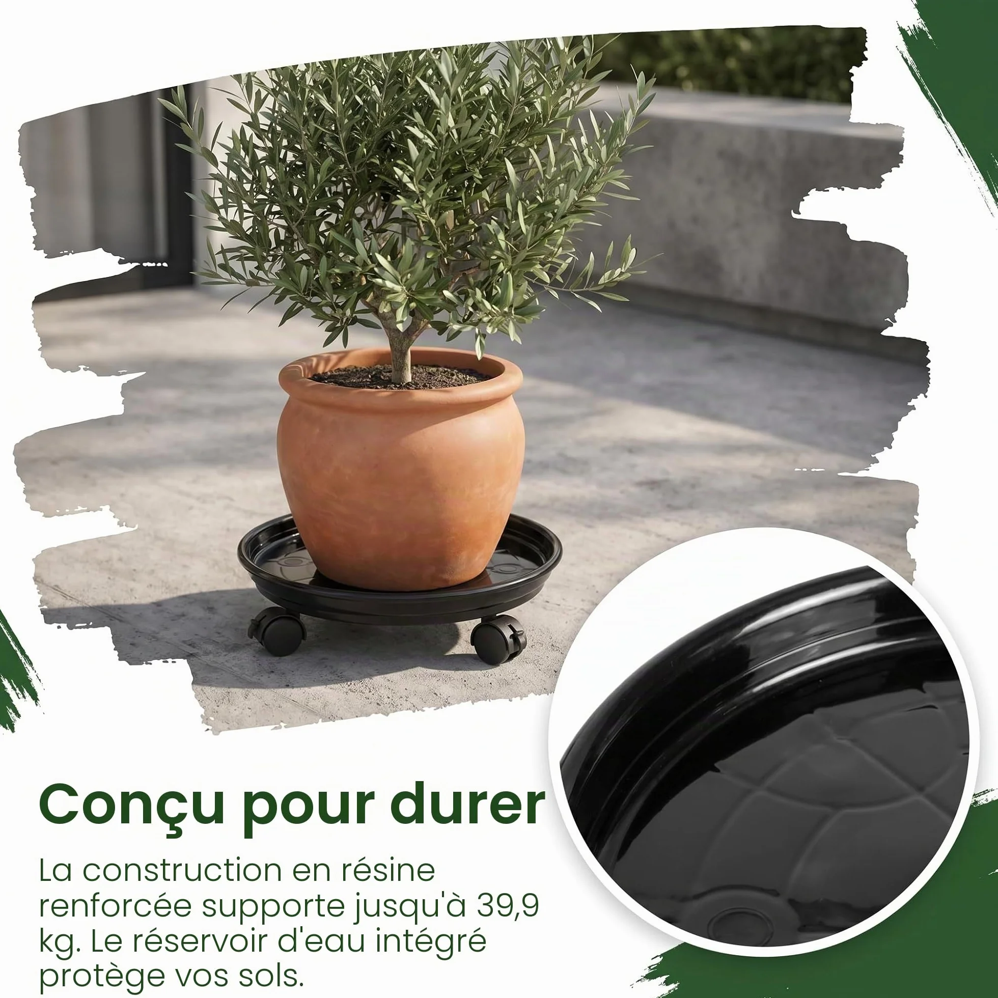 Lot de 3 Supports Ronds pour Pots de Fleurs Chariot avec Roulettes Universelles 30cm Noir