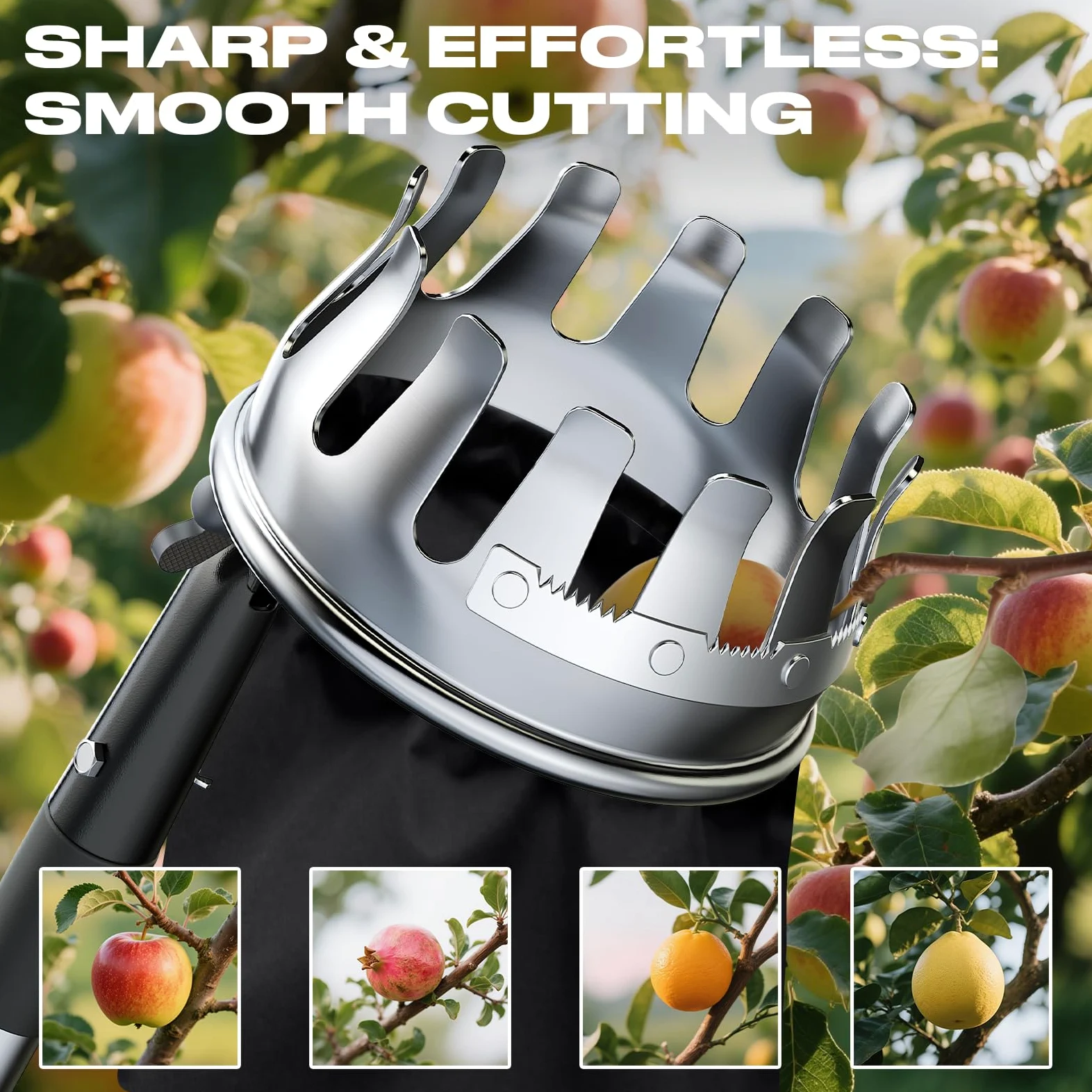 FLORA GUARD Cueilleur de Fruits 2,9 m – Sac récolte Ø 13 cm avec Lame INOX, 7 pièces – cueillette Rapide de Cerises & Pommes sans échelle