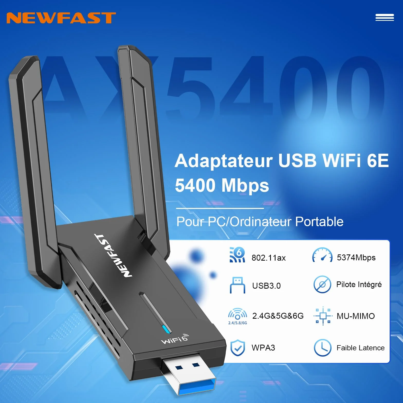 NEWFAST Clé WiFi 6E AXE5400 NF-U353, Tri-Bande USB 3.0 Adaptateur WiFi 6GHz WPA3 pour PC Windows 11/10
