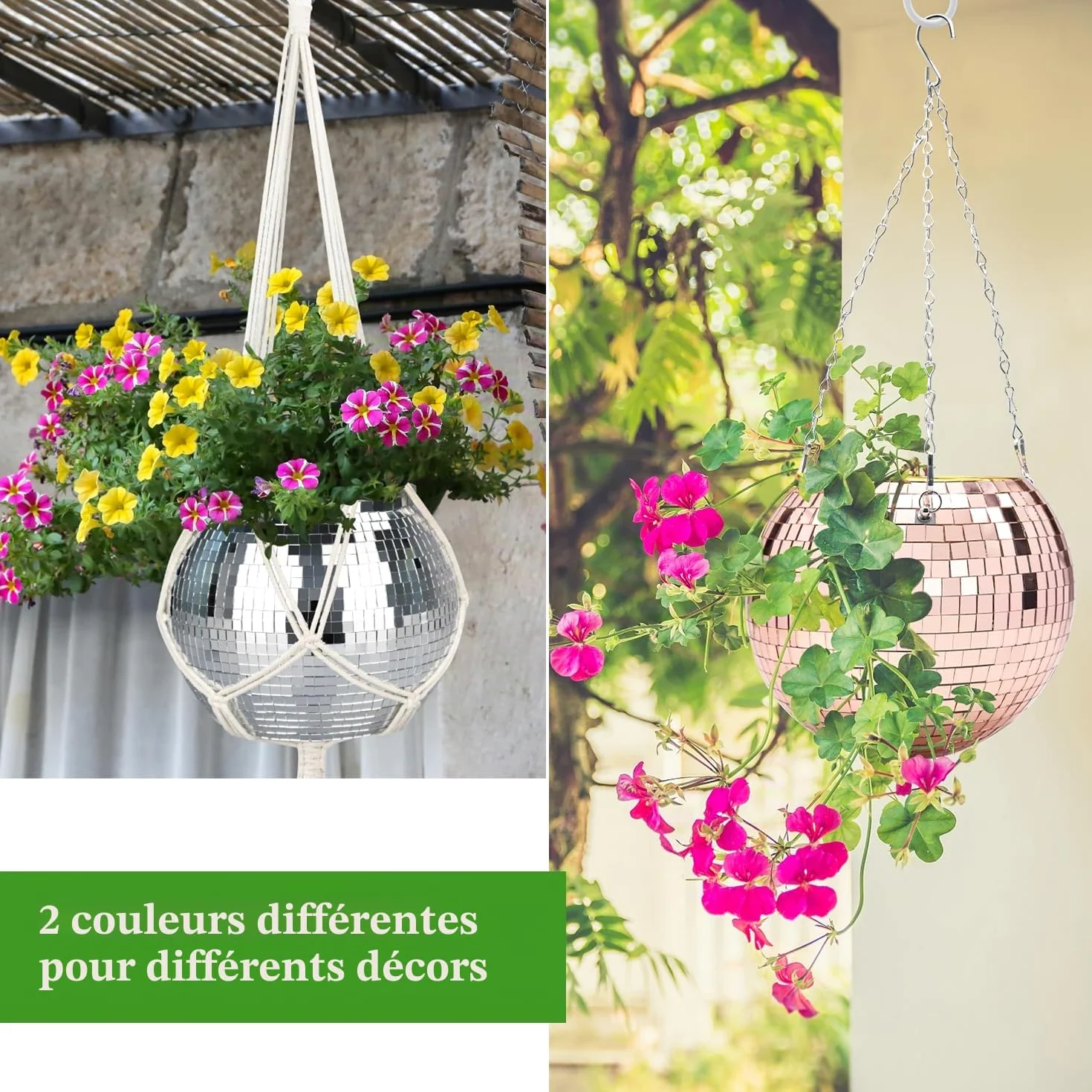 Pot de fleurs boule disco argenté de 22,9 cm avec corde de suspension, crochet | Pour la décoration
