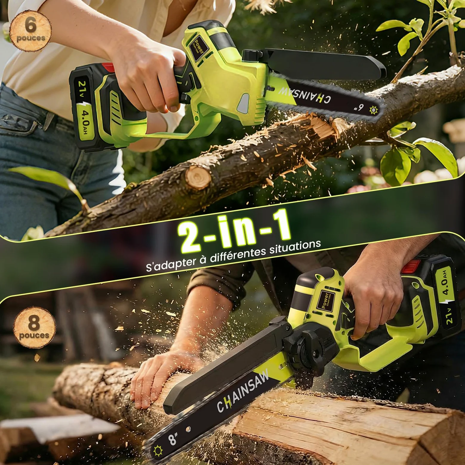 Mini Tronconneuse a Batterie 8 et 6 Pouces, 1300W Brushless Tronconneuse Electrique, 8000mAh Elagueuse Batterie Sans Fil, D'huile Automatique, Petite Tronçonneuse Compatible avec Makita pour Jardin