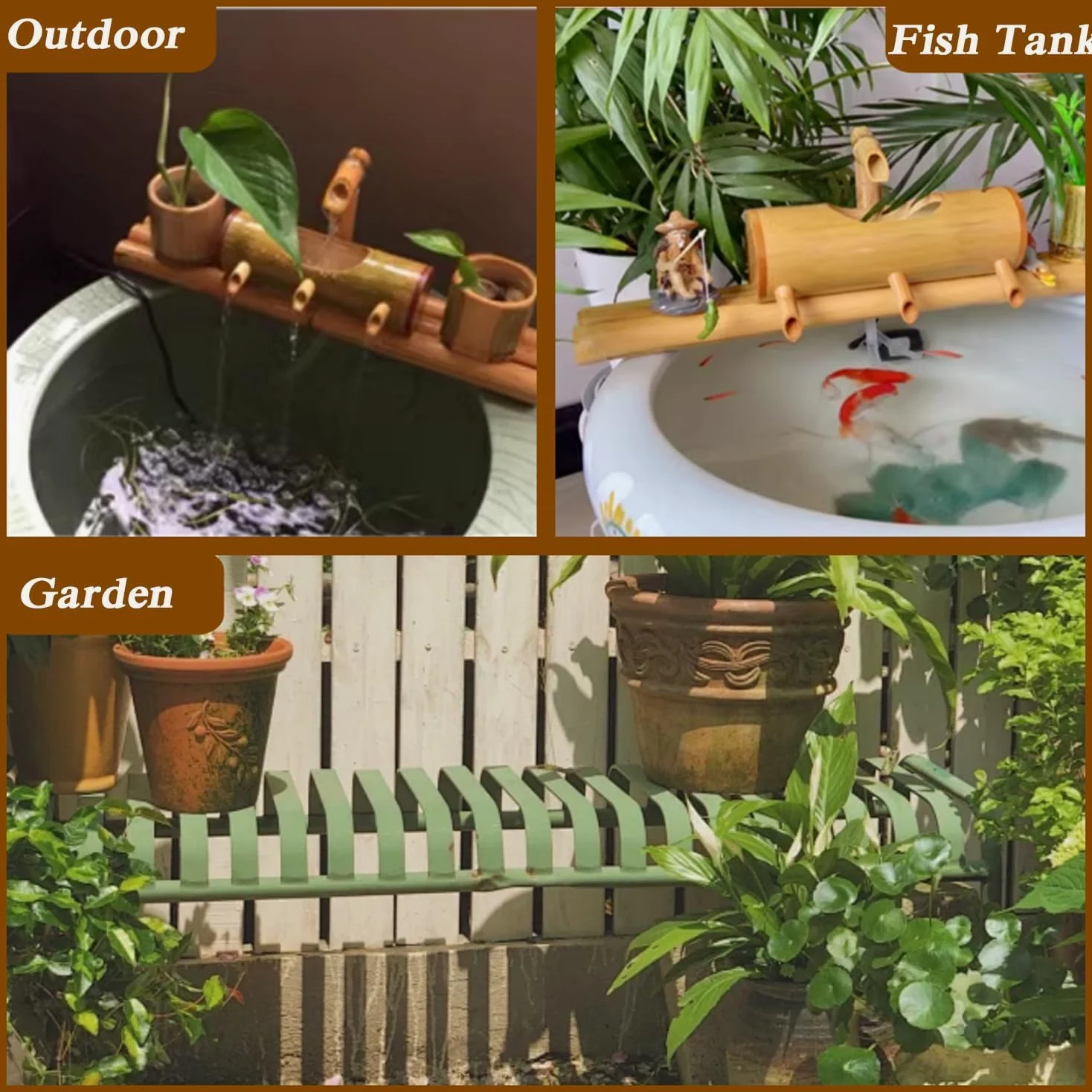Fontaine à eau solaire en bambou avec 4 sorties – Décoration de jardin zen pour terrasse extérieure, étang – Fonction espace calme et écologique