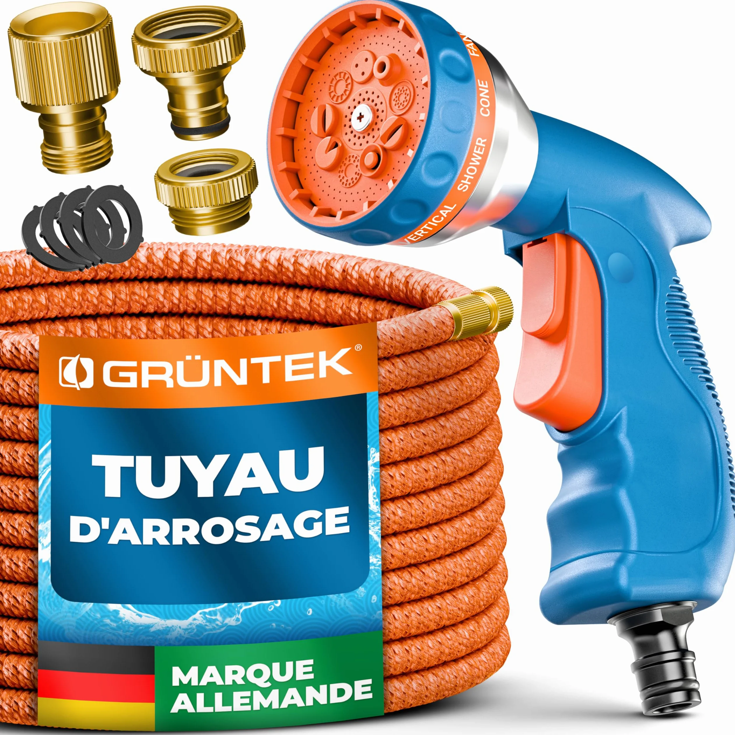 GRÜNTEK Tuyau d'Arrosage Extensible Retractable 22M. Tuyau Extensible | Tuyau extensible 7,5-22,5 m - Pistolet 10 jets - Connecteurs laiton - Anti-déchirure - Garantie 90 jours