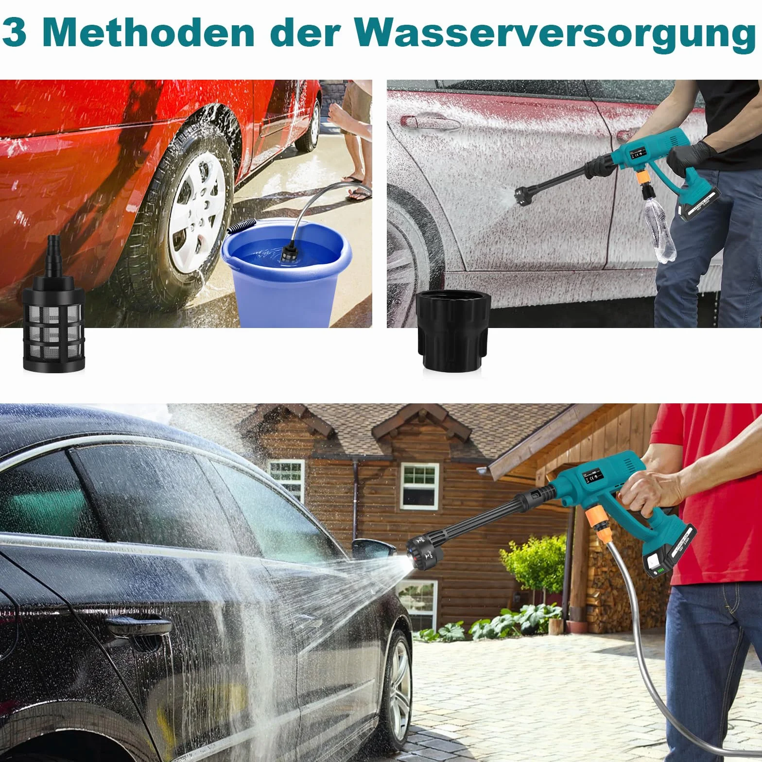 Nettoyeur haute pression sans fil avec buse multifonction 6 en 1, tuyau de 5 m et accessoires pour voiture, jardin, animaux de compagnie, douche, sol, toit