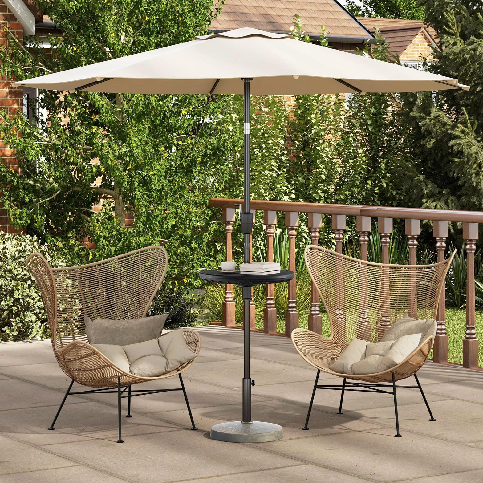 RELAX4LIFE Table de Parasol de Jardin Ronde Φ 50CM Hauteur Réglable Trou de Parasol 38 mm Plateau PE Imitation Grain de Bois Noir