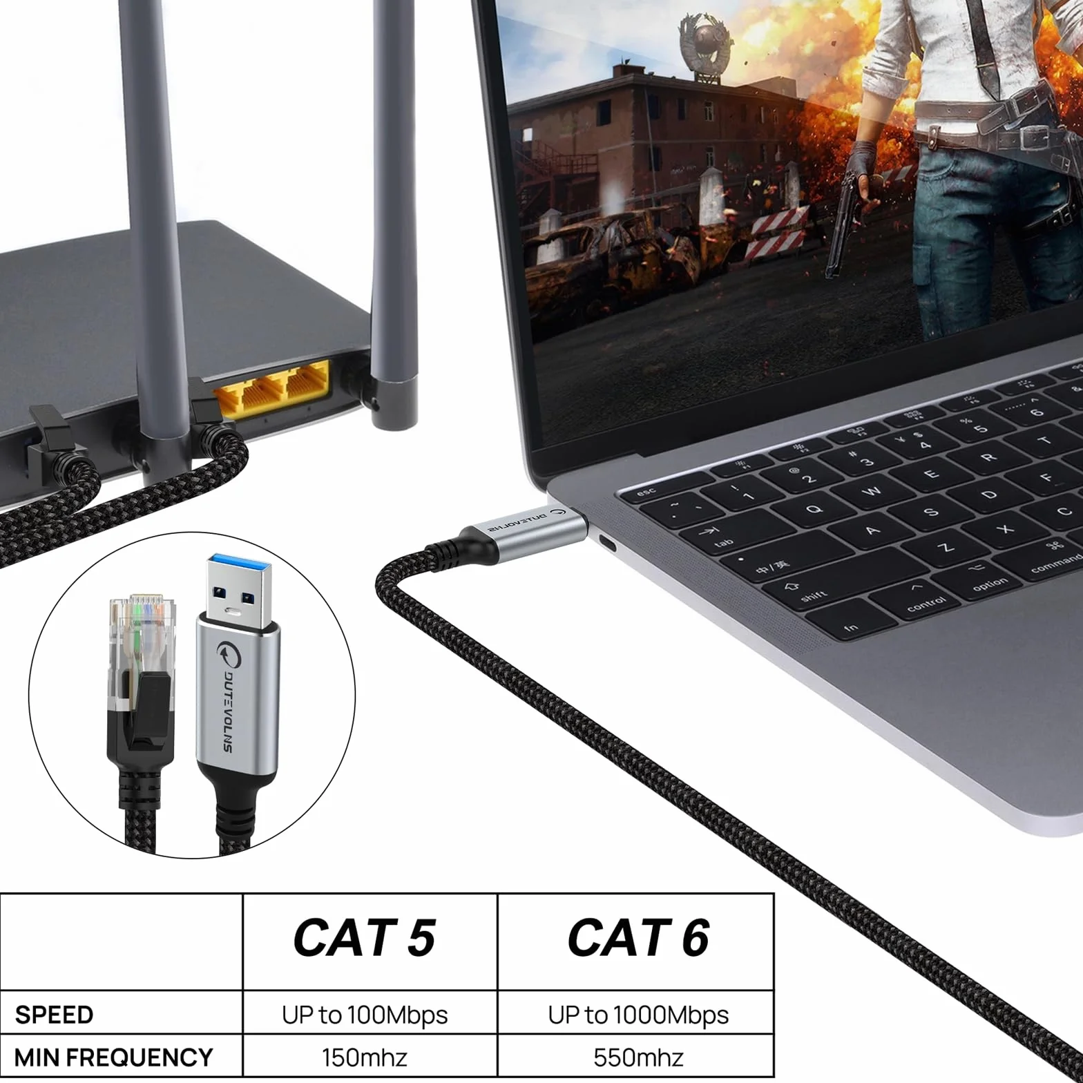 Câble USB vers Ethernet 5m USB-A 3.0 Mâle RJ45 Mâle Nylon 1 Gbit Transfert Données Gigabit