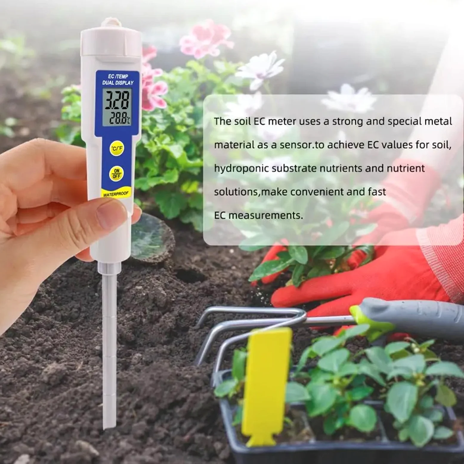Compteur de Sol 2 en 1, testeur conductivité température EC, Test Liquide nutriments, étanche for la Plantation, Le Jardinage, Culture hydroponique intérieur Jardinage, Agriculture
