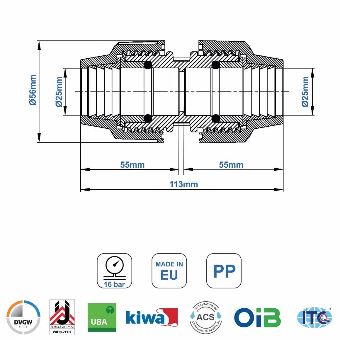 Connecteur pour tuyaux MDPE PP 25mm Adaptateur eau PE compression Raccord plomberie PN16 compatible PE80 PE100 2 pièces