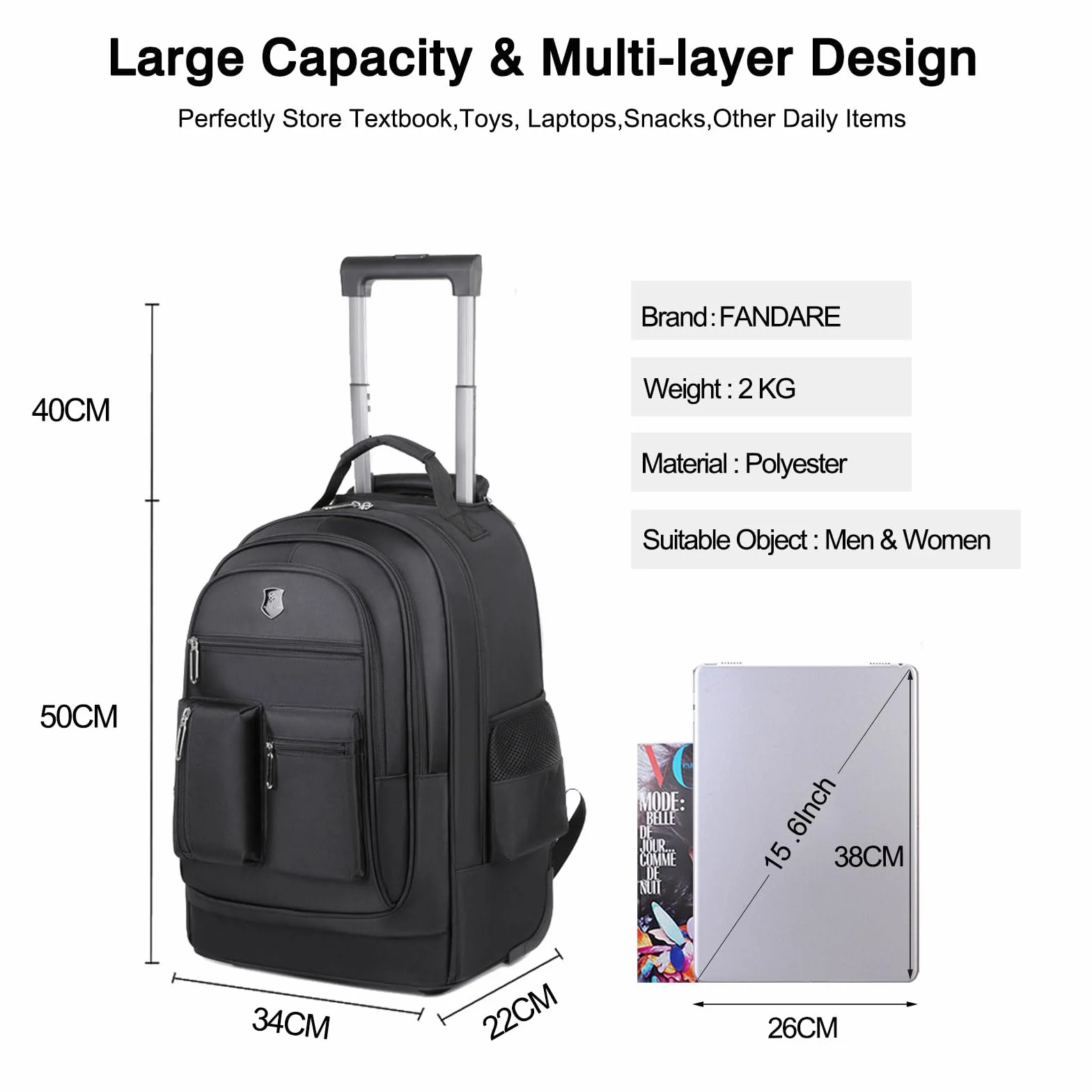 FANDARE Sacoche à roulettes pour Ordinateur Portable 15.6 Pouces Imperméable Trolley Sac de Voyage