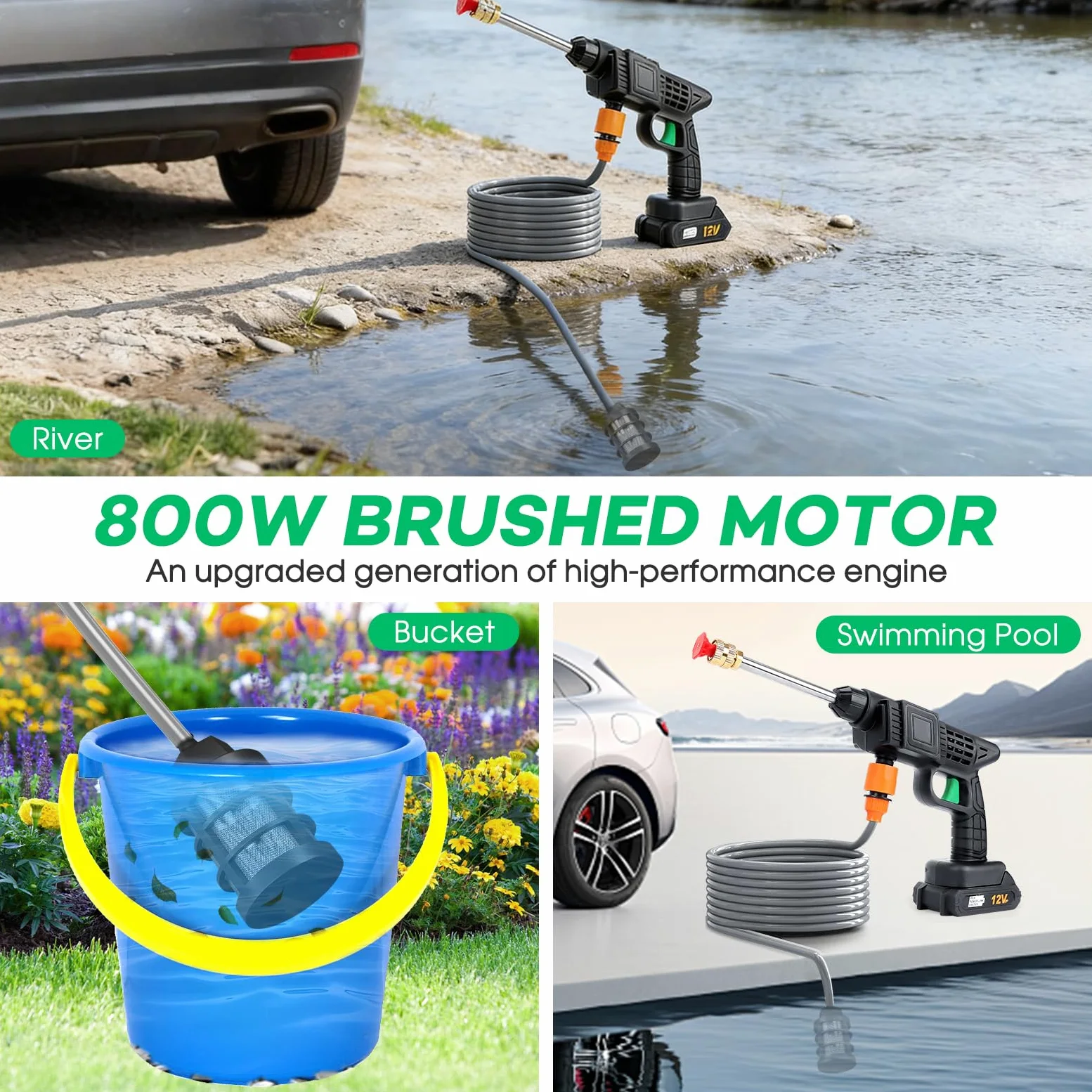 Nettoyeur haute pression sans fil avec 2 batteries, nettoyeur haute pression portable, buse 2 en 1 et canon à mousse, tuyau de 5 m de lavage à jet rechargeable pour voiture, terrasse, jardin