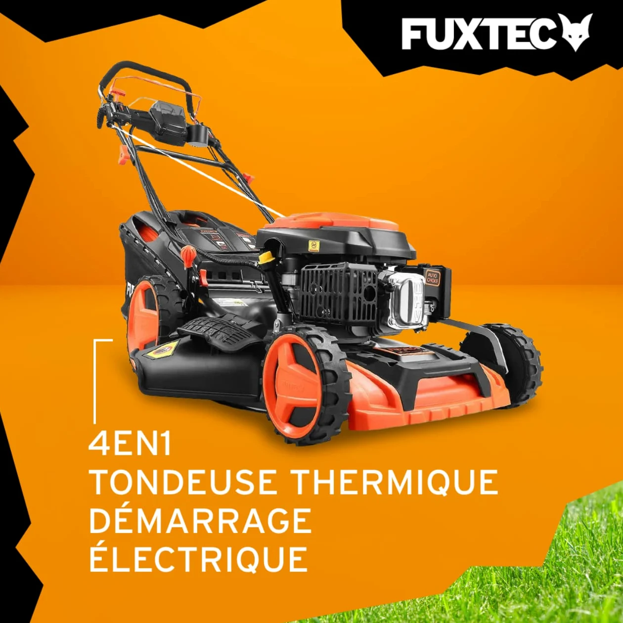 FUXTEC 4en1 Tondeuse Thermique Démarrage Électrique FX-RM5196eS - Largeur de Coupe 51cm, Système autotracté, Fonction Mulching, Réglage Central de la Hauteur de Coupe, 60L Bac de ramassage