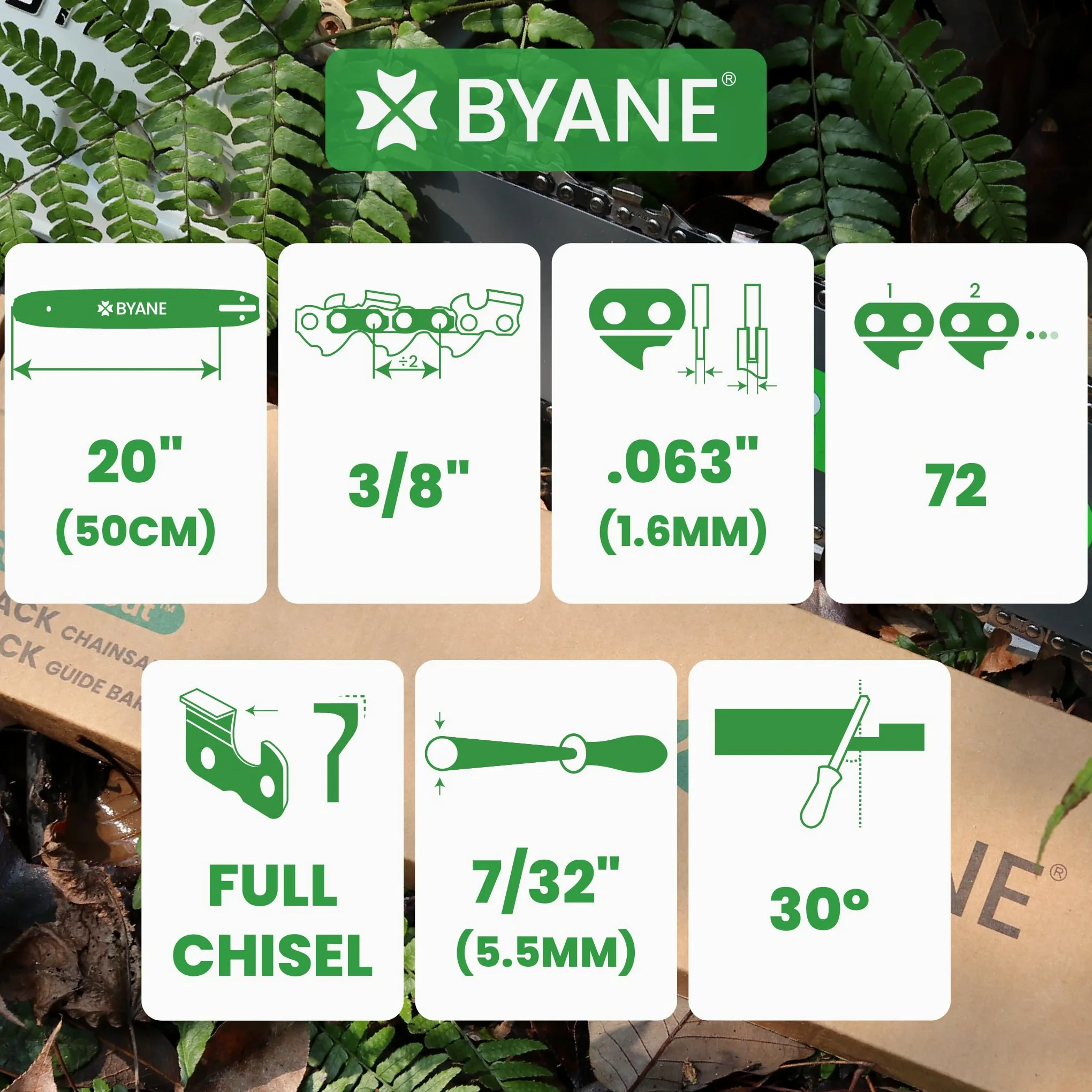 BYANE Kit Guide-chaîne 50cm + 3 Chaînes 3/8" 1,6mm 72 maillons | Compatible avec STIHL D025, MS220, MS260, MS261, MS270, MS360