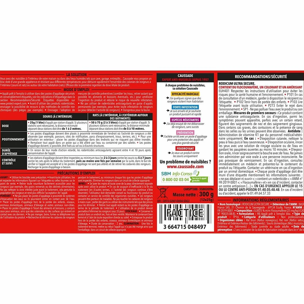 Caussade Anti Rats & Souris 12 Appâts Blocs Pâtes Flocoumafen 300g