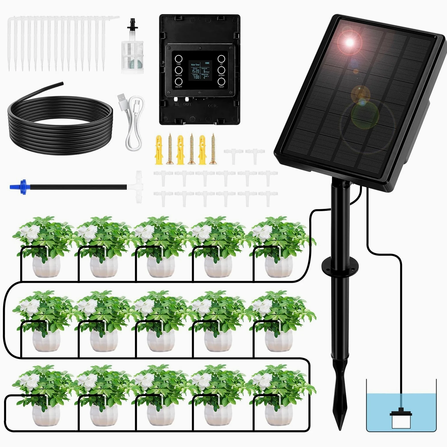 Kit D'irrigation Goutte a Goutte Énergie Solaire, Système Arrosage Automatique Goutte à Goutte, Systeme D'irrigation Jardin Avec 10M Tuyau Arrosage, Programmateur Arrosage pour 15 Pots