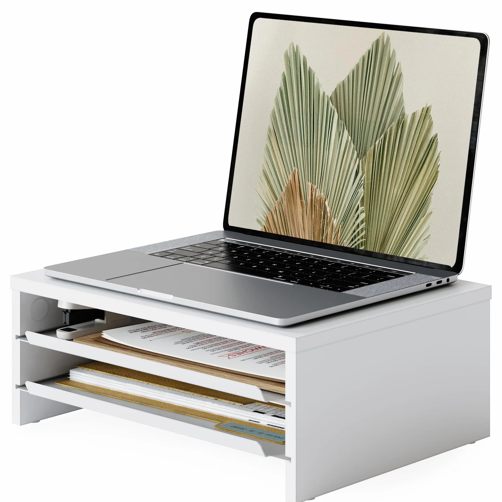 Fenge Support Moniteur Réhausseur d'Écran en Bois et Métal avec Plateau, 36,4x23,5x13,4 cm Blanc