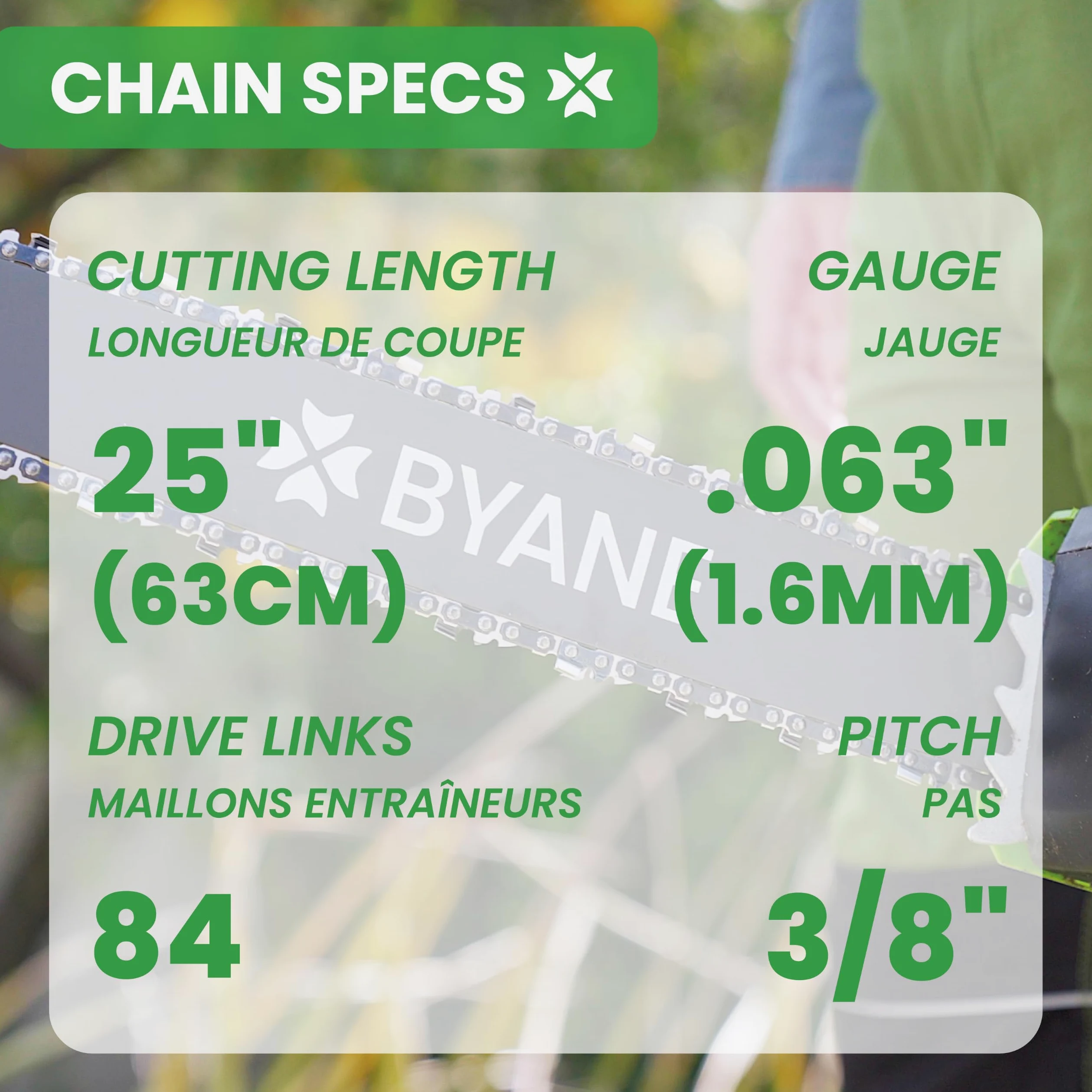 BYANE Lot de 3 chaînes 63 cm (25") 3/8" 1,6 mm 84 maillons | Compatible avec Stihl 026, 036, MS361, MS440, MS660 et autres modèles adaptés