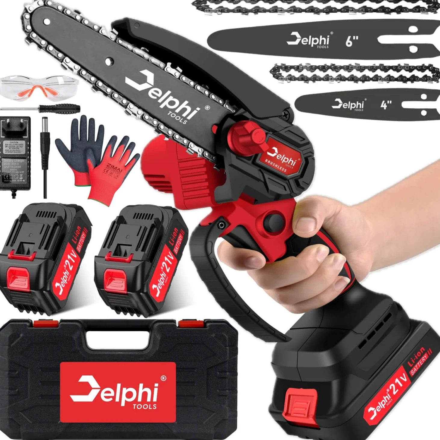 Delphi Mini Tronçonneuse à Batterie 21V 800W - Scie d’Élagage Électrique 4" et 6" avec 2 Batteries, Mini Tronçonneuse pour Couper Branches, Bois, Palettes et Petits Arbres