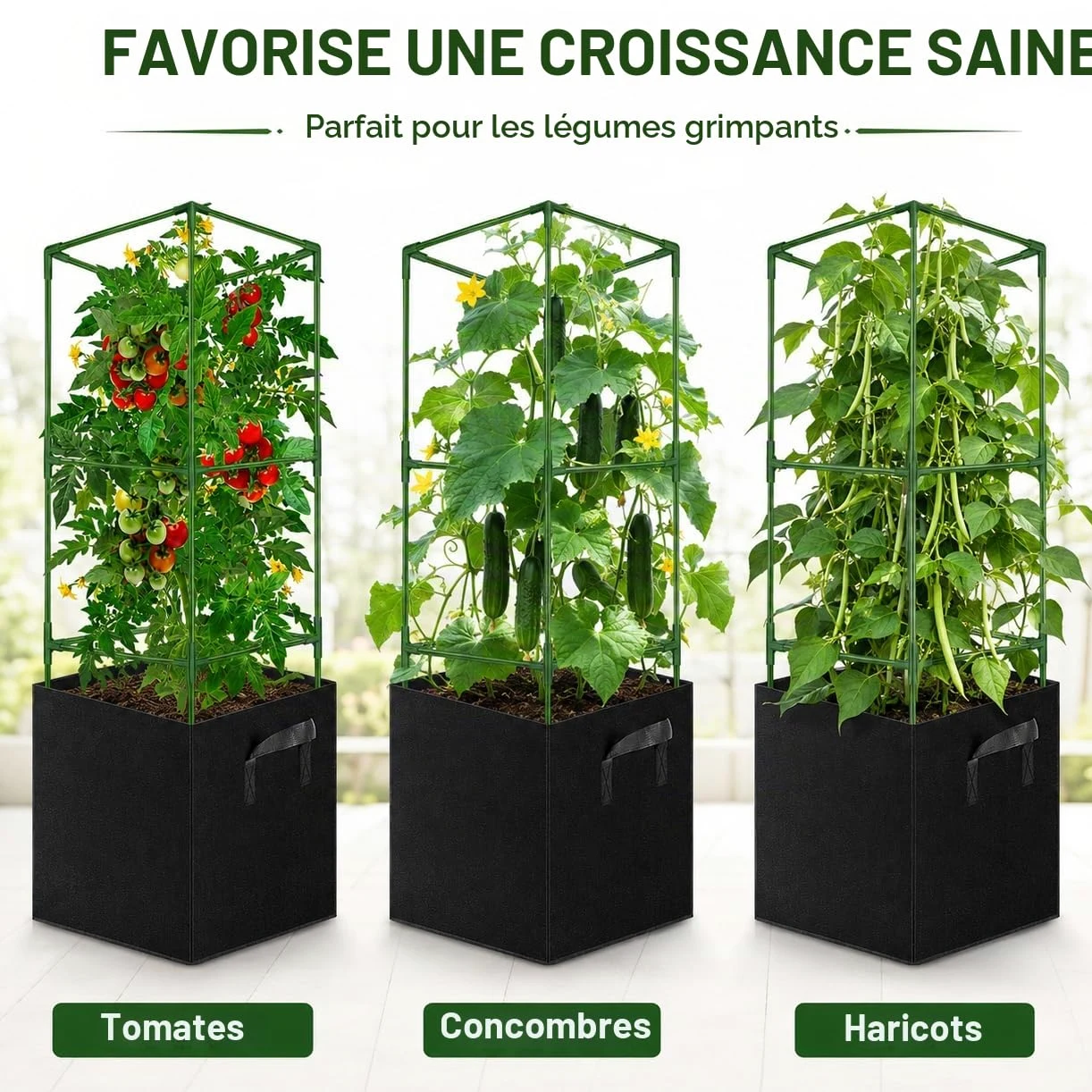 Tuteurs pour tomates avec Sacs de Culture 57 L, Lot de 3 Cages carrées en Acier 120 cm, Supports réglables pour Plantes grimpantes, Balcon, Jardin et Serre