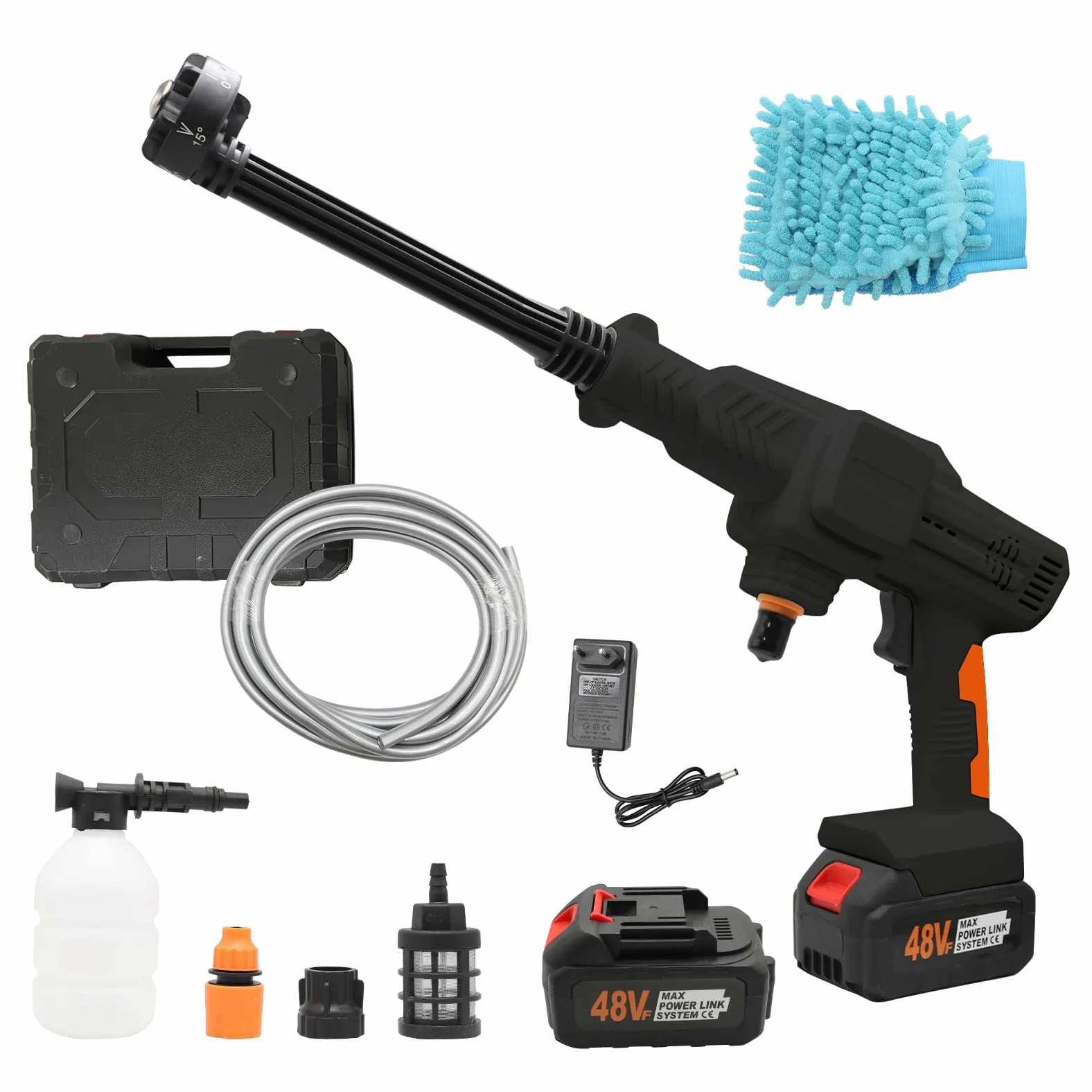 Nettoyeur haute pression sans fil, max 120 bar, 2 batteries Li-ion, pistolet de nettoyeur haute pression portable, avec tuyau de 5 m, buse rotative 6 en 1 et 180°, pulvérisateur à mousse, etc