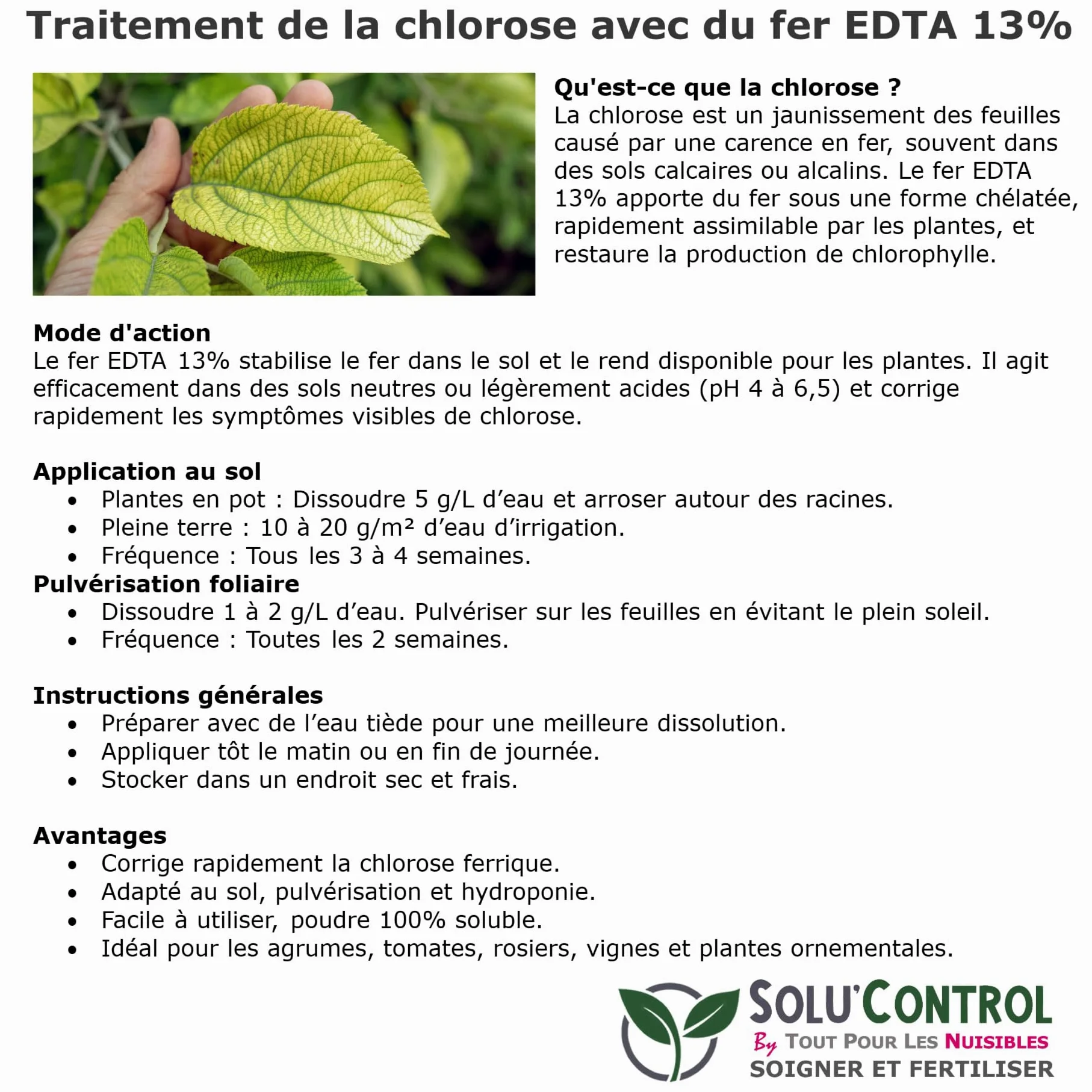 Solu'Control Chélate de Fer EDTA 13%, Anti-chlorose, Fertilisant, Reverdissant, 5 kg