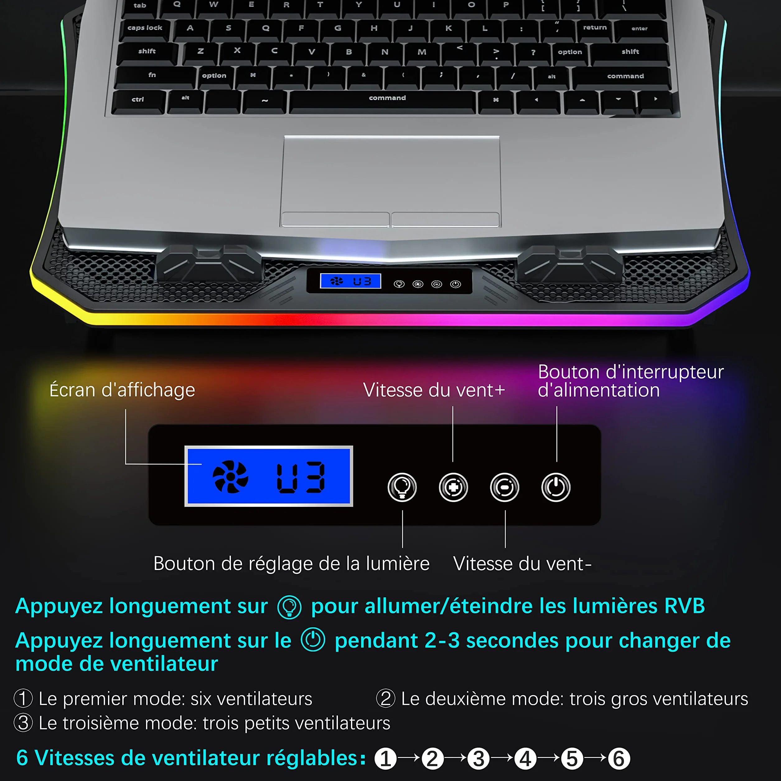 TopMate C12 Ventilateur PC Portable RGB 15,6-17,3" Support Refroidissement 6 Ventilateurs Réglable