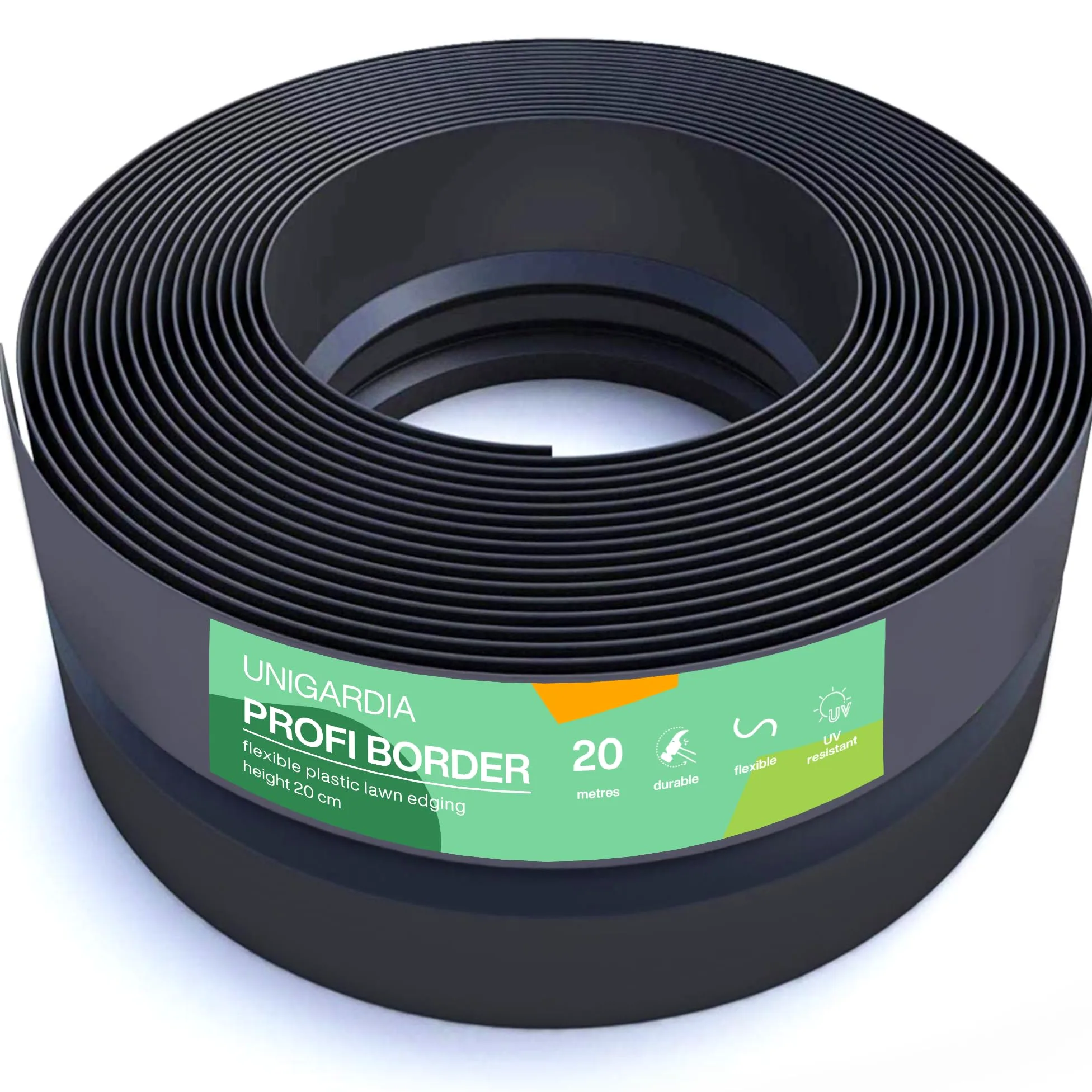 UNIGARDIA Bordure de Jardin en Plastique, 20 m / 20 cm, Noir - Bordure de Gazon Flexible - Super Fort, Utilisation Facile - Tout Nouveau Bordures de Pelouse Souple | Design robuste qui reste en place, facile à travailler, durée de vie de 30 ans, bordure i