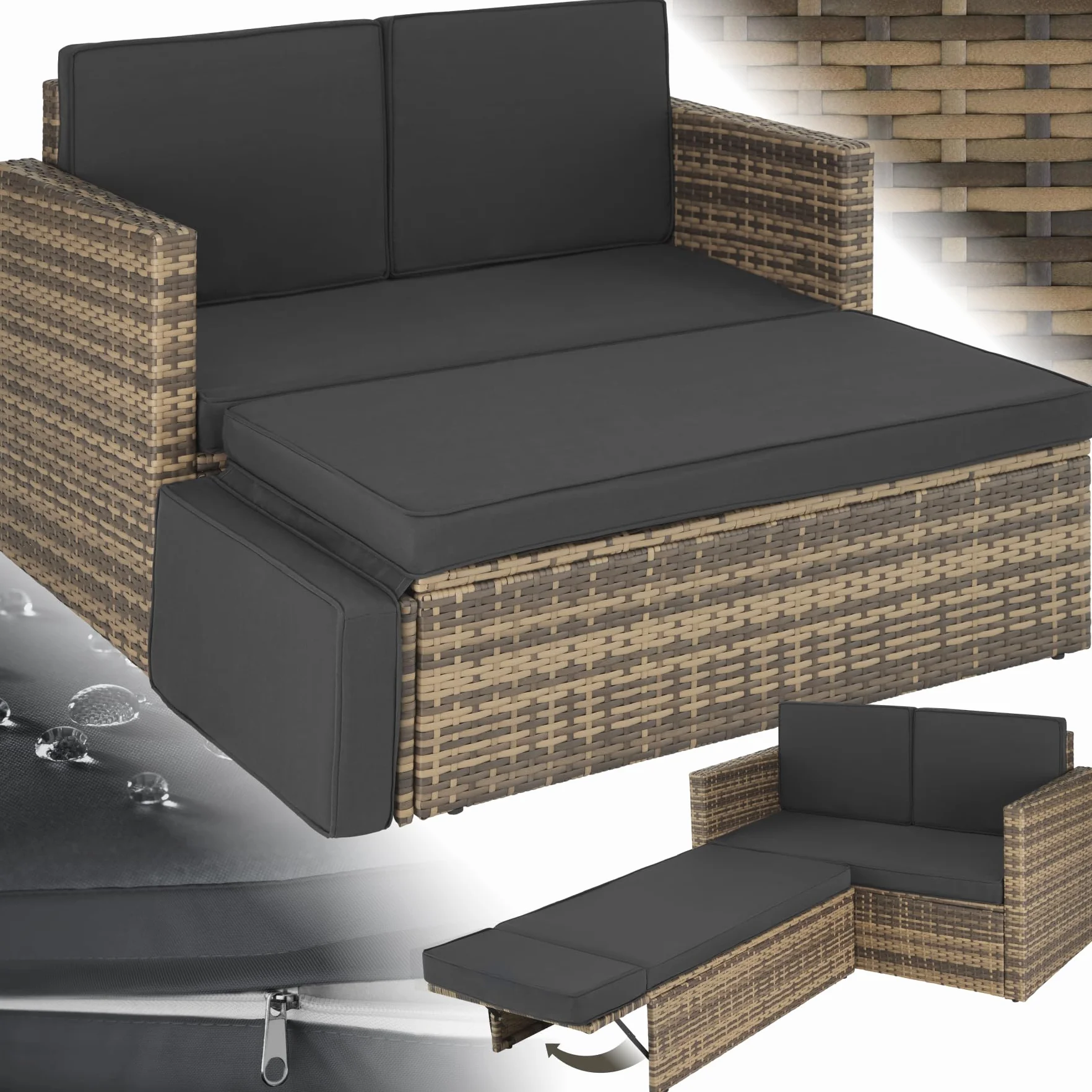 Tectake Salon de Jardin Poly Rotin Modulable Bain de Soleil 2 Places 1 Canapé 1 Tabouret Pouf Repose-pieds Inclinable