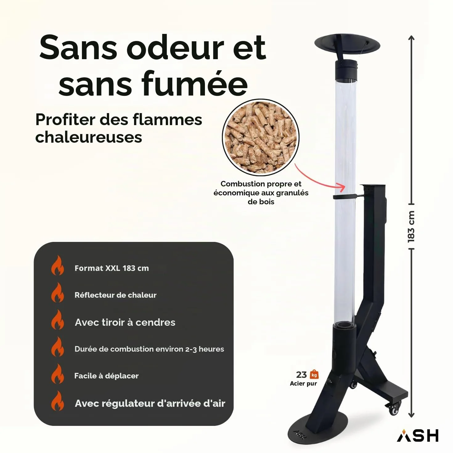 Poêle à pellets colonne de feu chauffage terrasse extérieur 174 cm noir