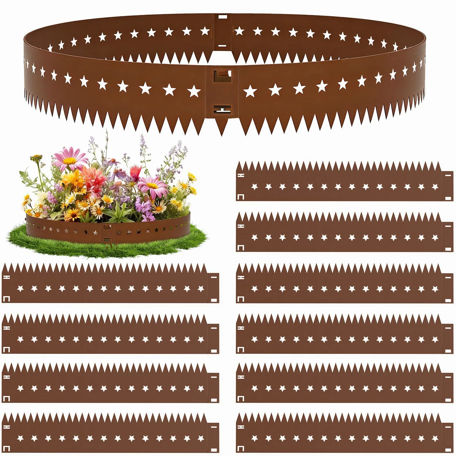 10 Pièces 10.75M Bordures de Jardin Métal,Hauteur 15cm Flexible Bordure de Pelouse,Résistantes aux Intempéries,Résistante à la Rouille,Style Star Bordures pour Cour, Jardin, Pelouse