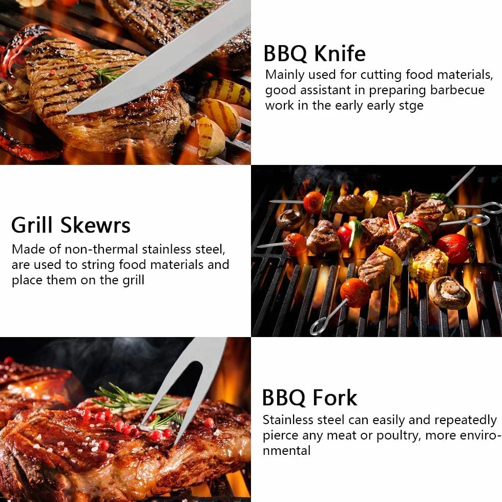 Kit Barbecue Acier Inoxydable 9 Pièces avec Boîte de Rangement
