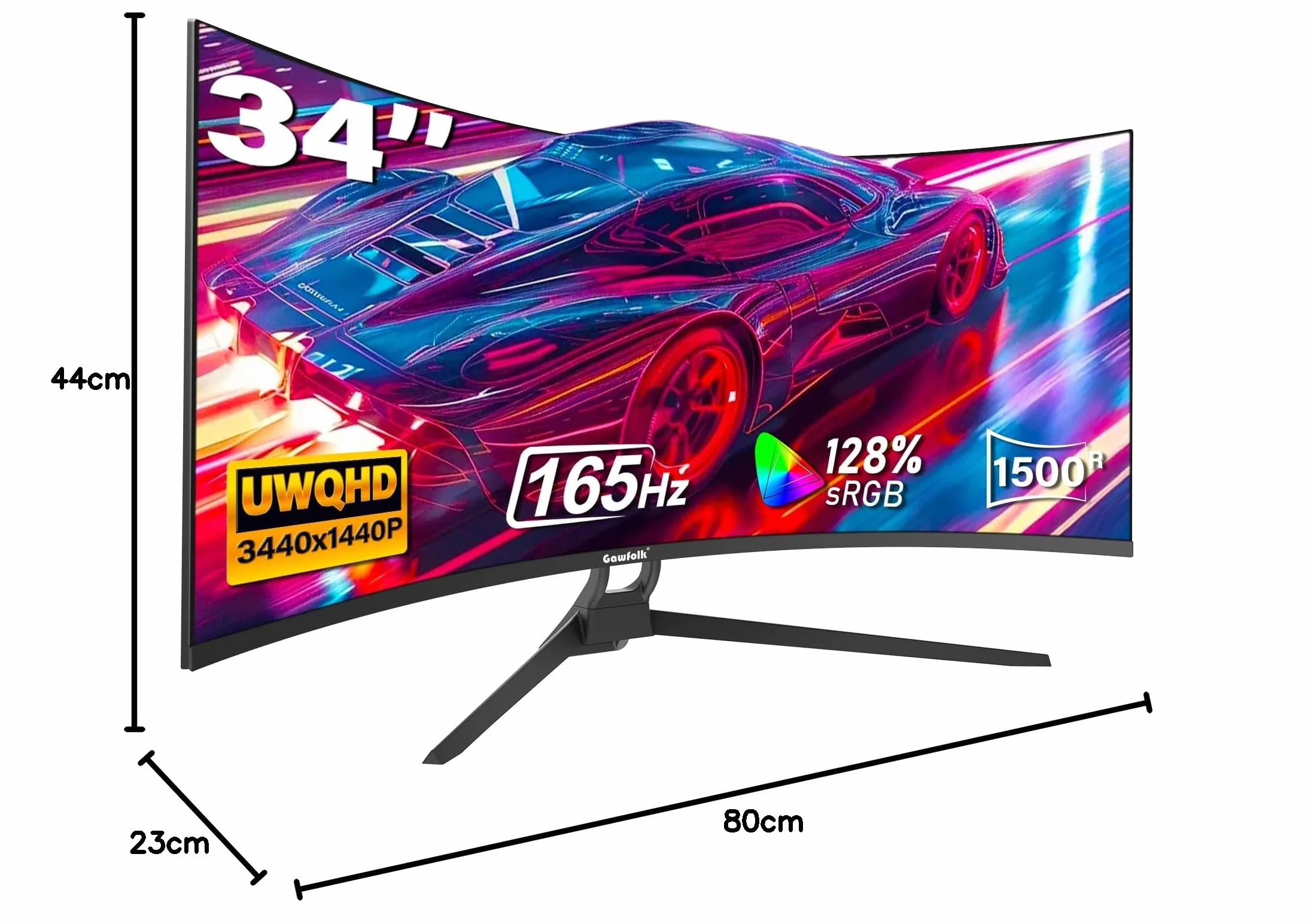 Gawfolk Écran PC Incurvé 34 Pouces Moniteur Gaming 1500R 165Hz UWQHD 2K 3440x1440 128% sRGB 1ms MPRT HDMI DP