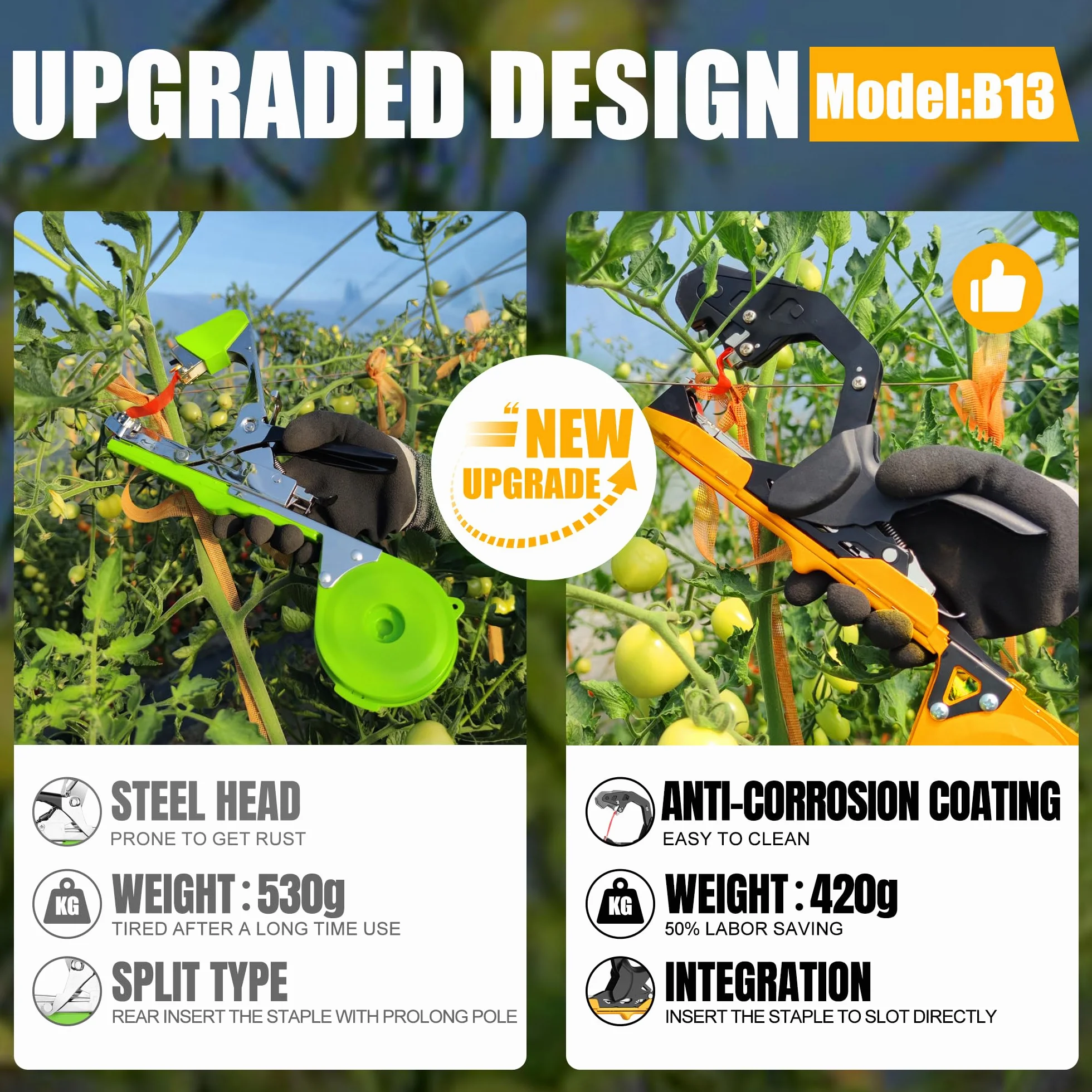 Machine à Attacher Les Plantes, 420g Outil pour Ruban de Jardin pour Attacher Les Branches des Plantes, avec 10000pcs Agrafes 20 Rouleaux Ruban SJ-8108 (Jaune)