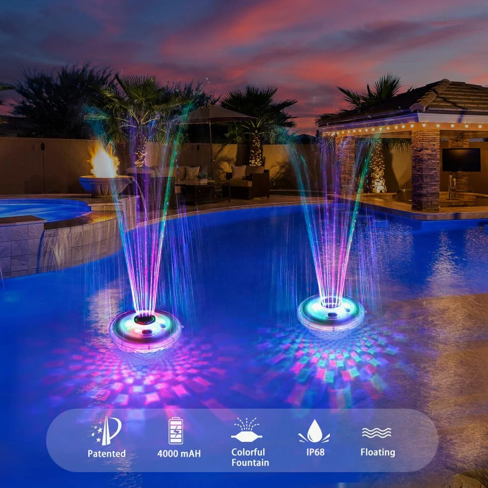 Fontaine Solaire LED Flottante pour Piscine et Jardin, Éclairage Multicolore, Jet Jusqu’à 110 cm, Étanche IP68, Batterie 4000 mAh