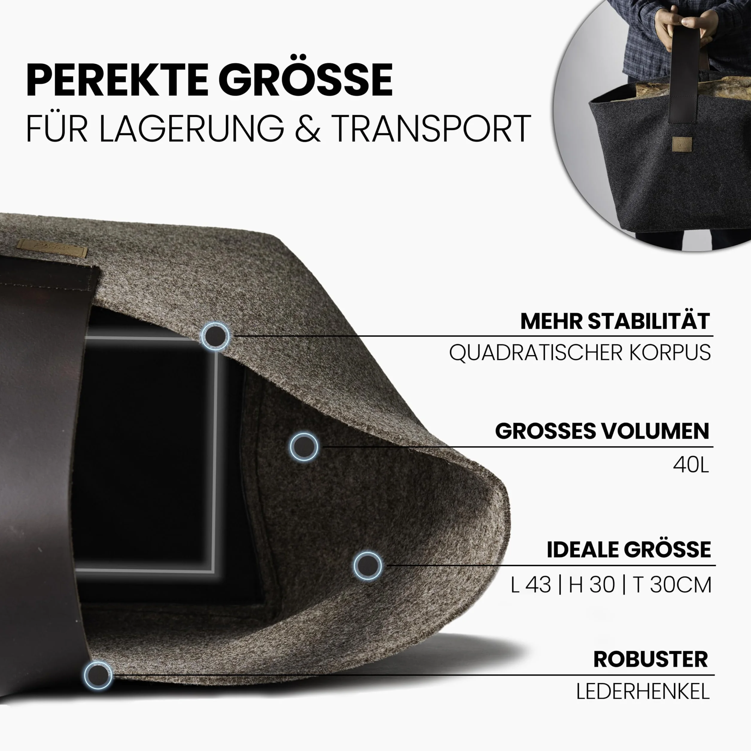 Panier à bois de cheminée en feutre Designer 40L Fabriqué en Allemagne Beige