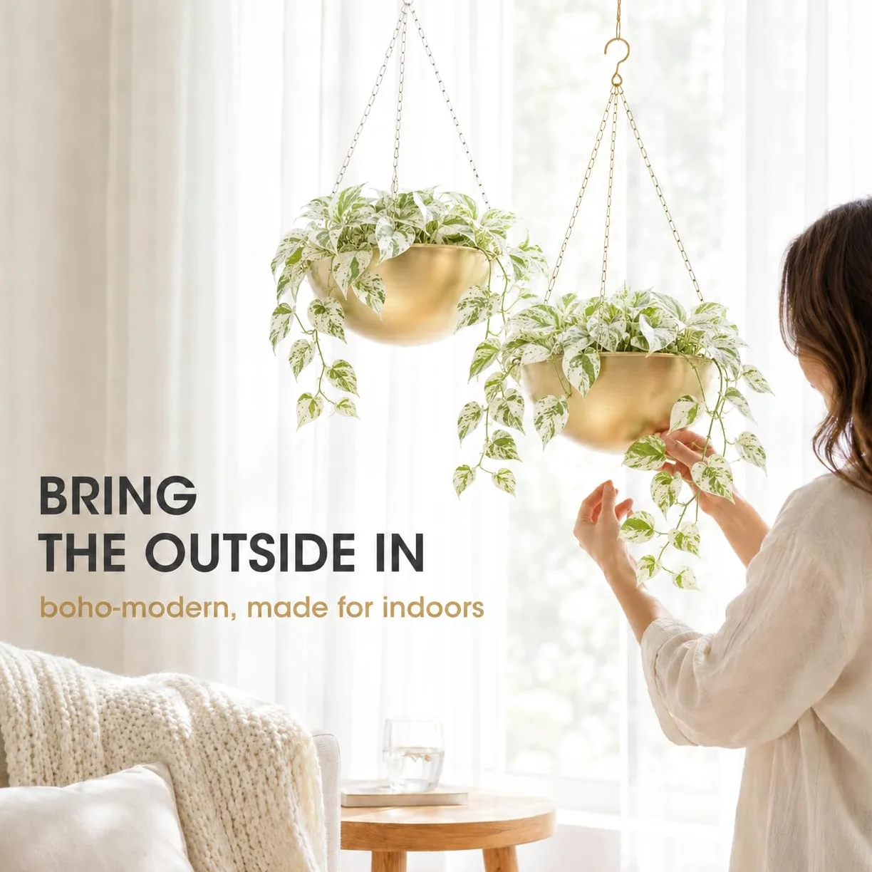 AceList Lot de 2 jardinières dorées à suspendre pour plantes d'intérieur – 24 cm – Suspension bohème en métal avec crochets, support de plante suspendu pour fenêtre et plafond