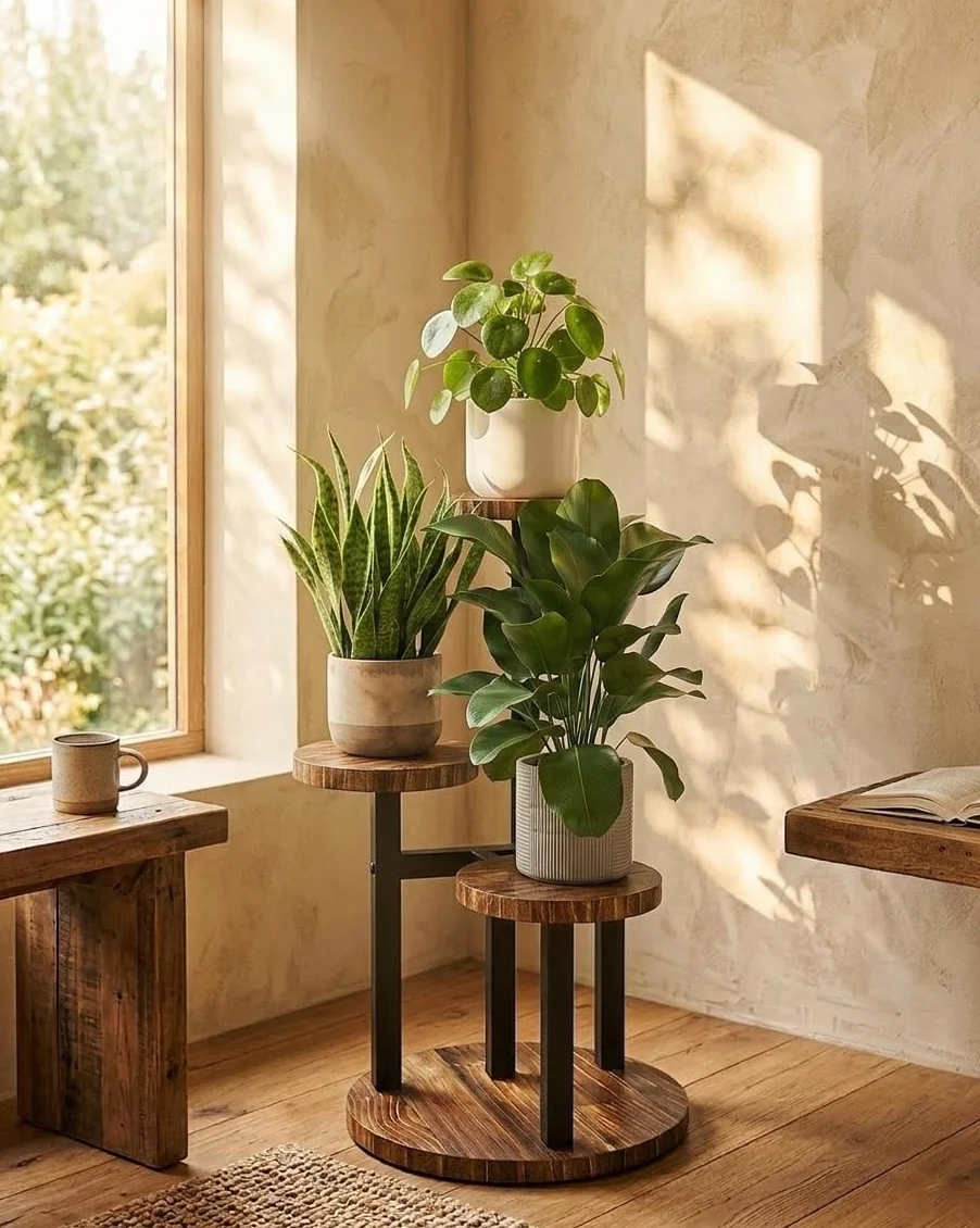 Bamworld Support Plante d'Angle 3 Niveaux en Métal Bois Étagère Fleurs Intérieur Jardin Extérieur