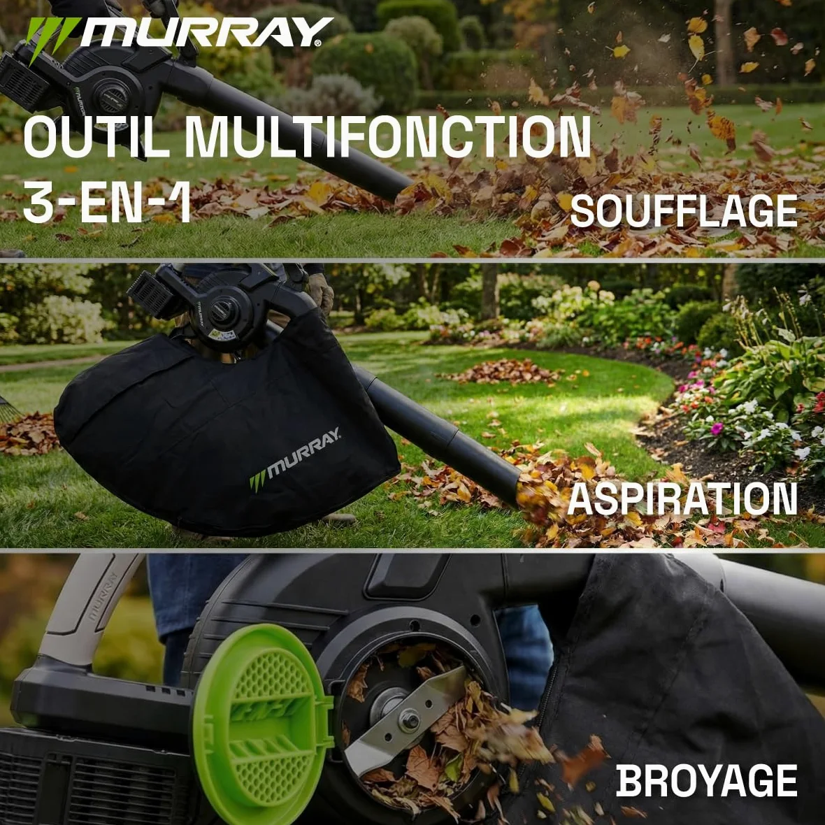 Murray Souffleur et Aspirateur de Feuilles à Batterie 20V 3-en-1 MU-BAT-VB270-KIT – Moteur sans Balais, Contrôle Intelligent, 4 Vitesses + Turbo, Sac à Poussière 45L, Montage Rapide