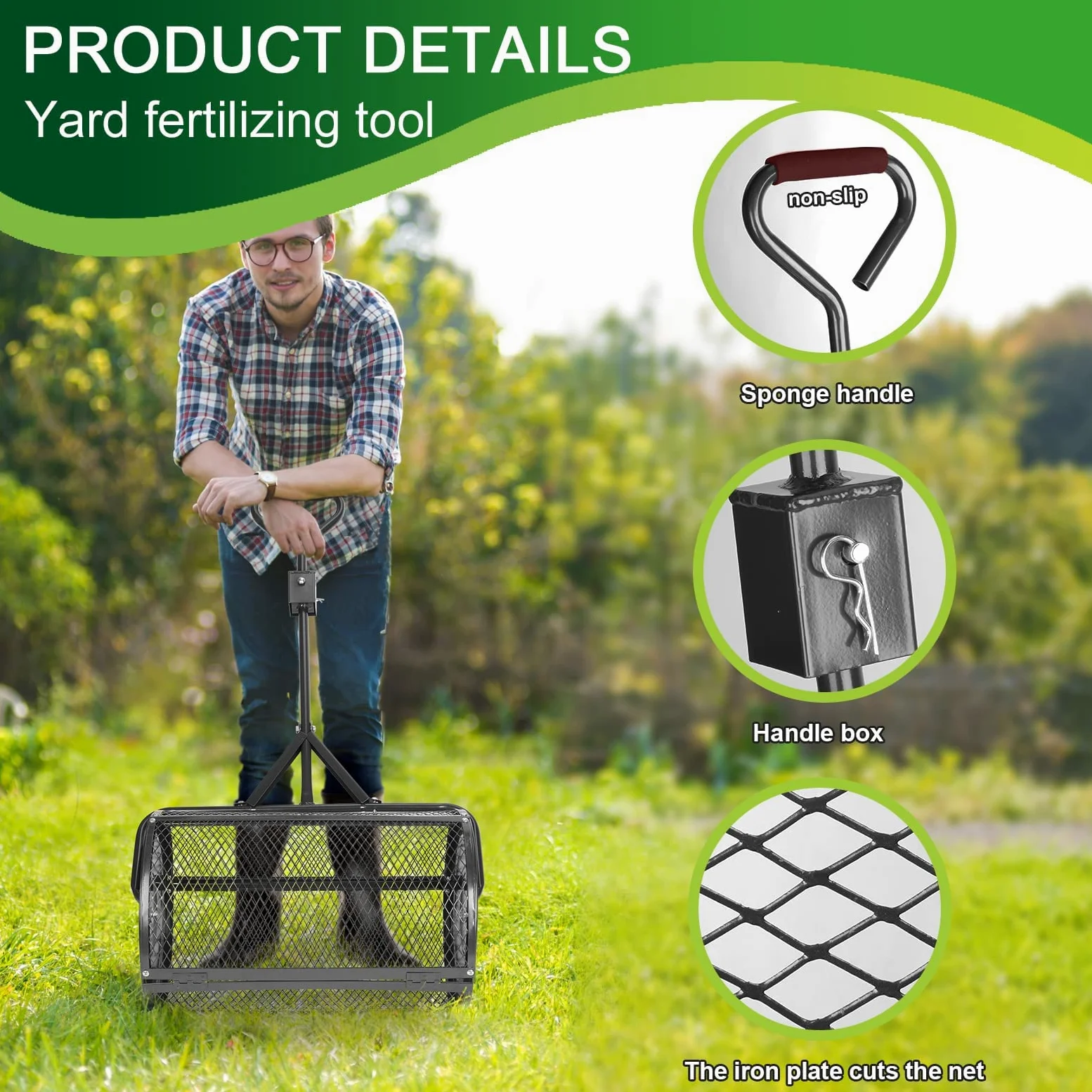 Épandeur de pelouse et de jardin, rouleau en maille métallique robuste pour une répartition uniforme du compost, de la mousse de tourbe et de la terre végétale – Poussez ou remorquez pour une