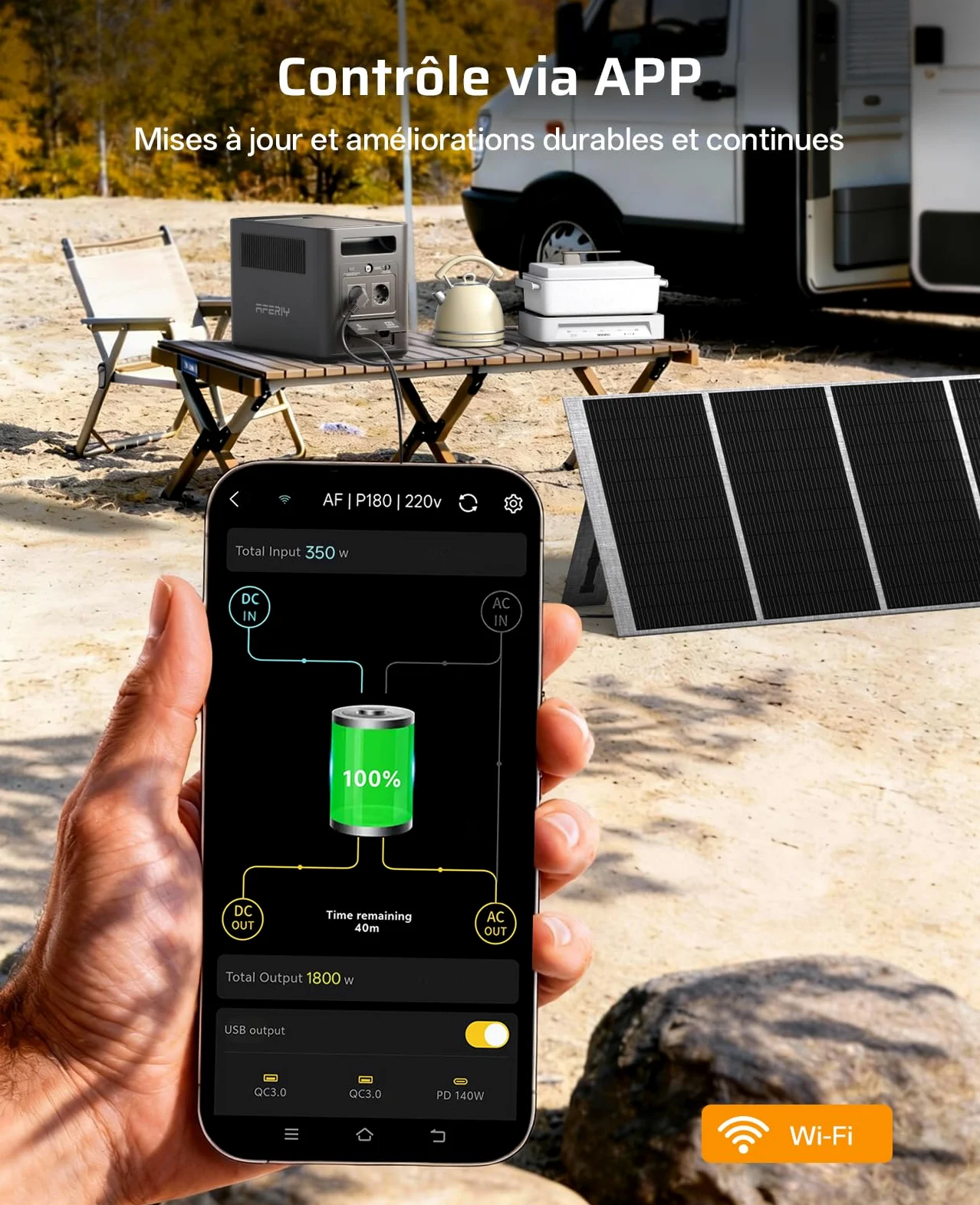 AFERIY P180 Générateur Électrique Portable 1024Wh avec Panneau Solaire Pliable 200W, Batterie Nomade Solaire 1800W(3600W pic), Recharge de 0-99% en 60 Min, Station Électrique pour Camping/Maison/RV
