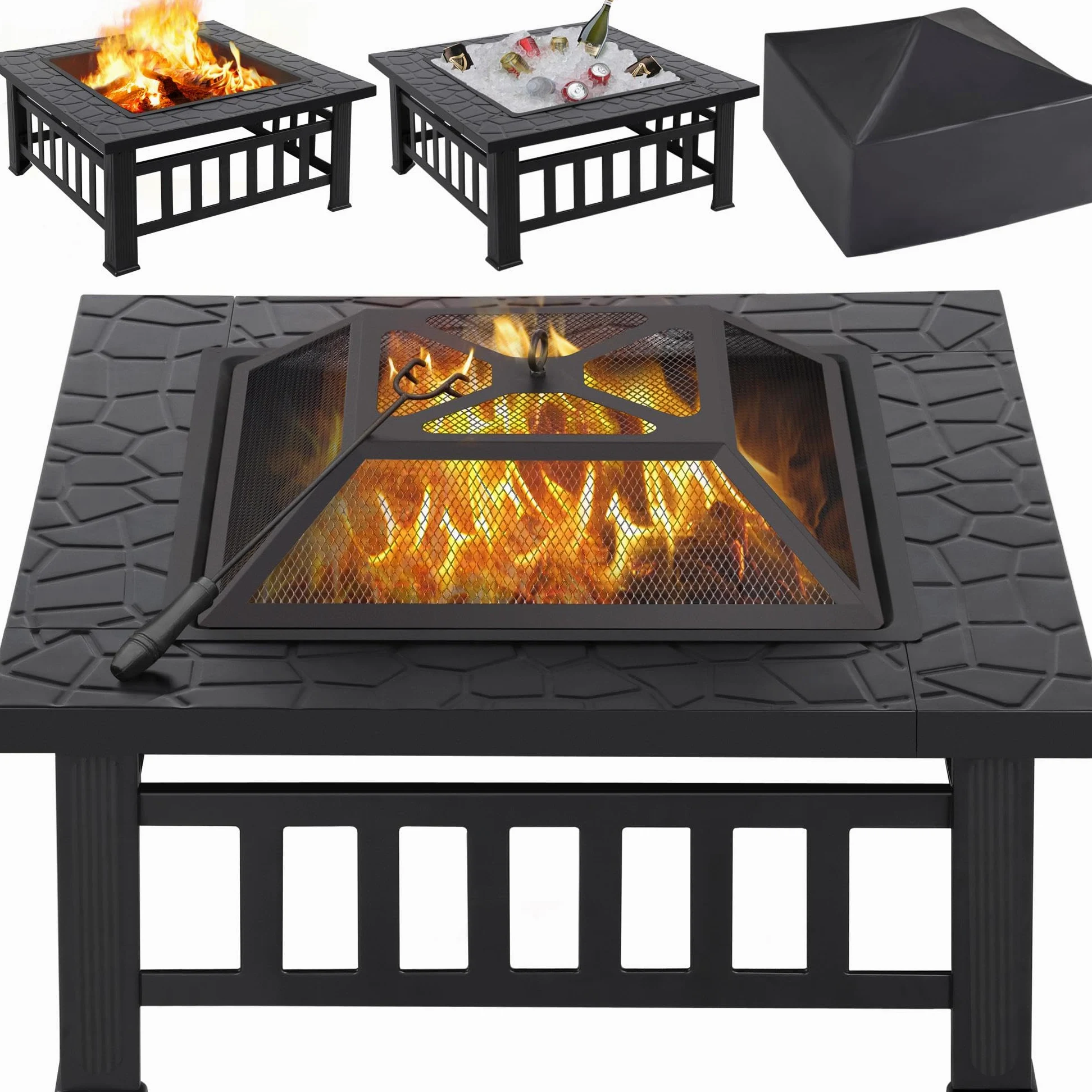 Yaheetech Brasero Extérieur 3 en 1 Carrée Multifonctionnelle 81x81x50cm pour Terrasse Balcon Poêles à Bois avec Couverture en Maille Poker Noir
