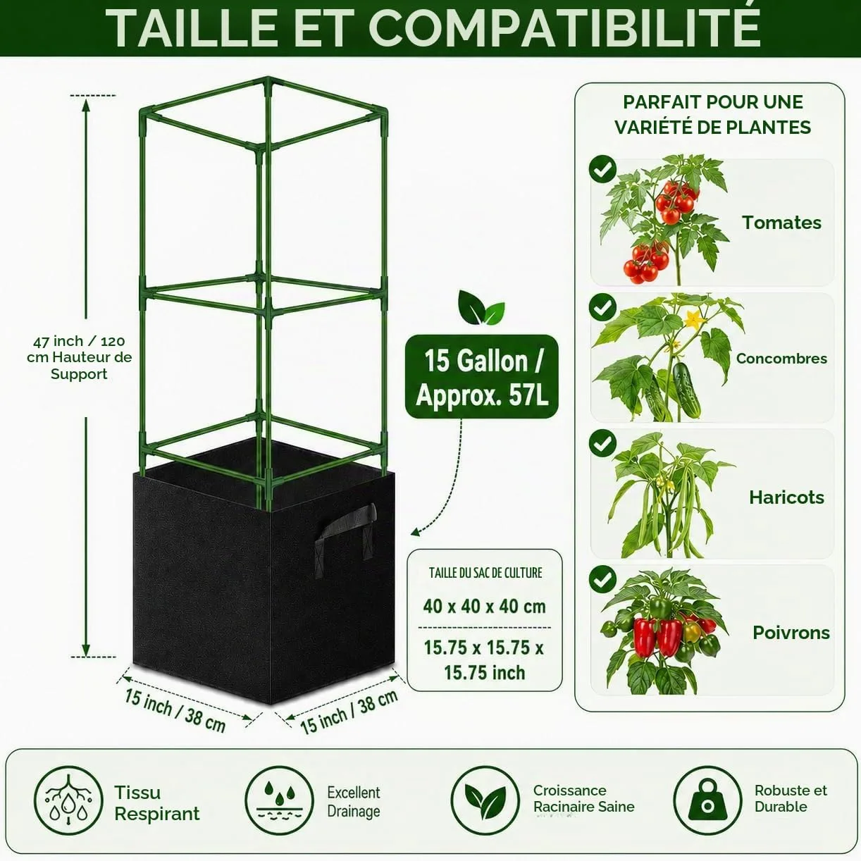 Tuteurs pour tomates avec Sacs de Culture 57 L, Lot de 3 Cages carrées en Acier 120 cm, Supports réglables pour Plantes grimpantes, Balcon, Jardin et Serre
