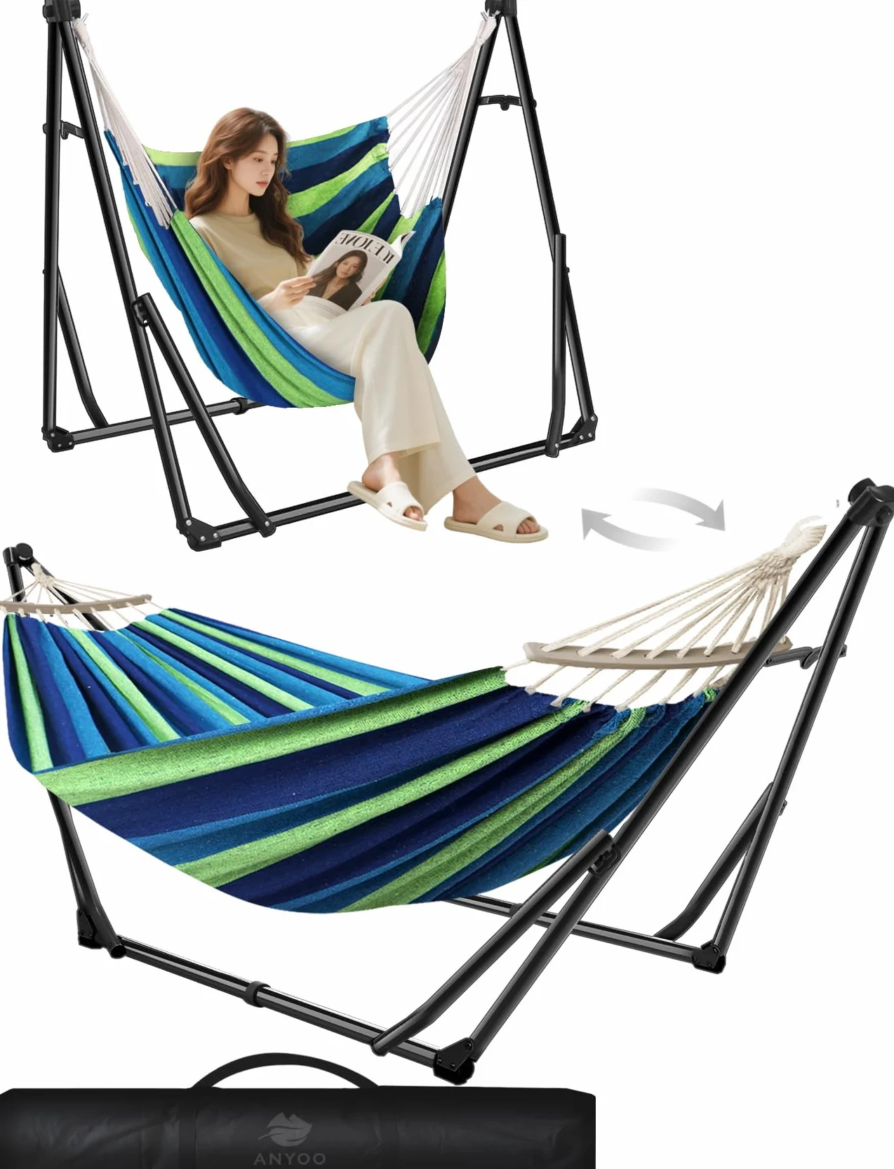 ANYOO Hamac avec Support Pliable Portable Double Usage Intérieur Extérieur
