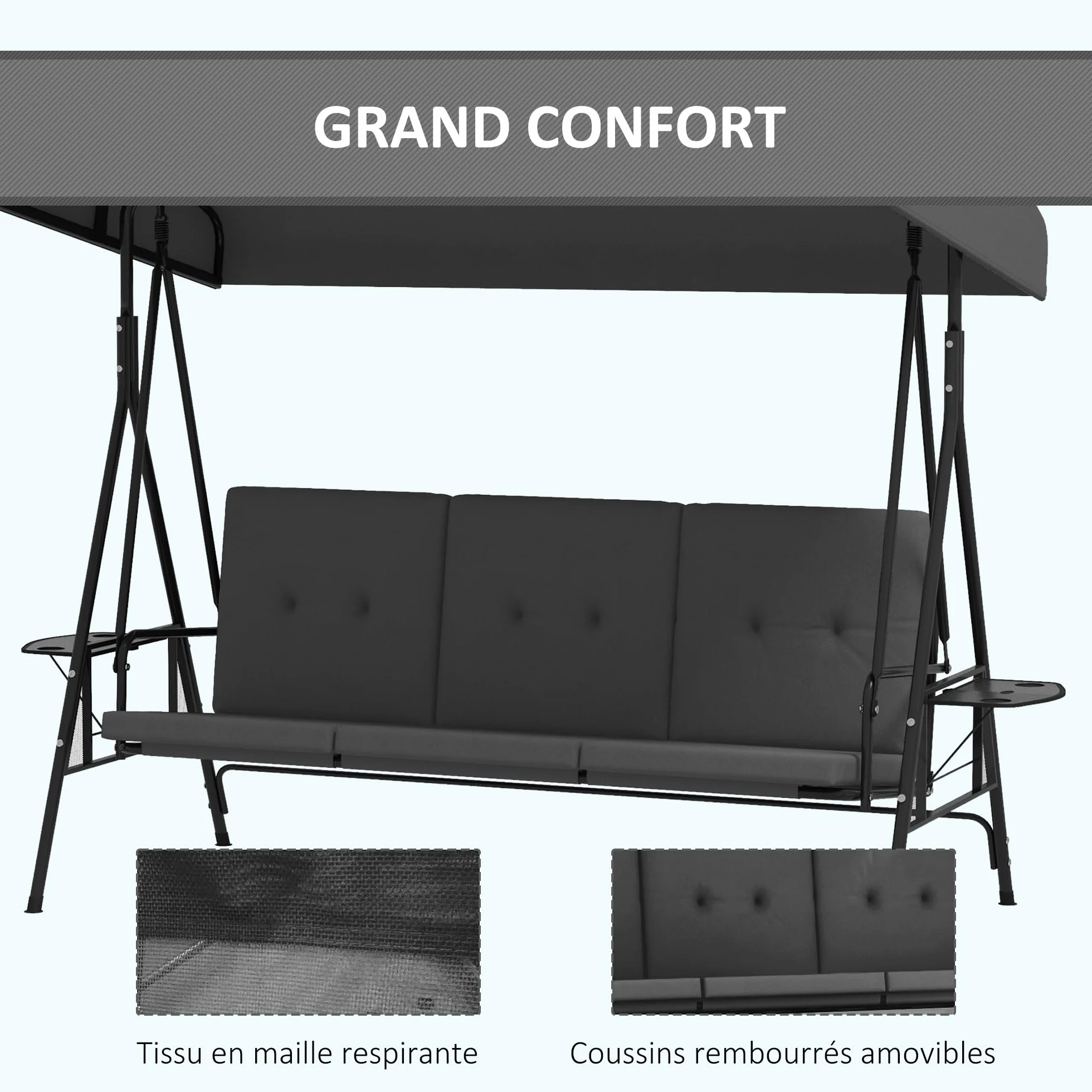 Outsunny Balancelle de Jardin 3 Places Grand Confort Toit réglable Acier Polyester Gris foncé