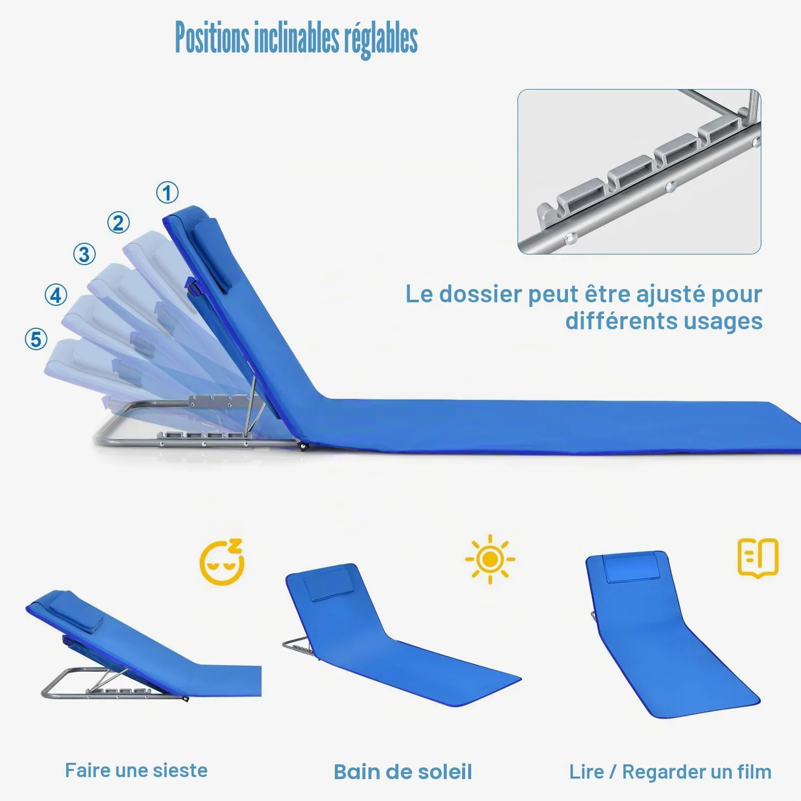 KOMFOTTEU Lot de 2 Matela de Plage Pliable avec Table Basse, Tapis de Plage, Dossier réglable en 5 Positions, Lits de Plage avec Appuie-tête, Portable avec Bandoulière, 151 x 55,5 cm (Bleu)