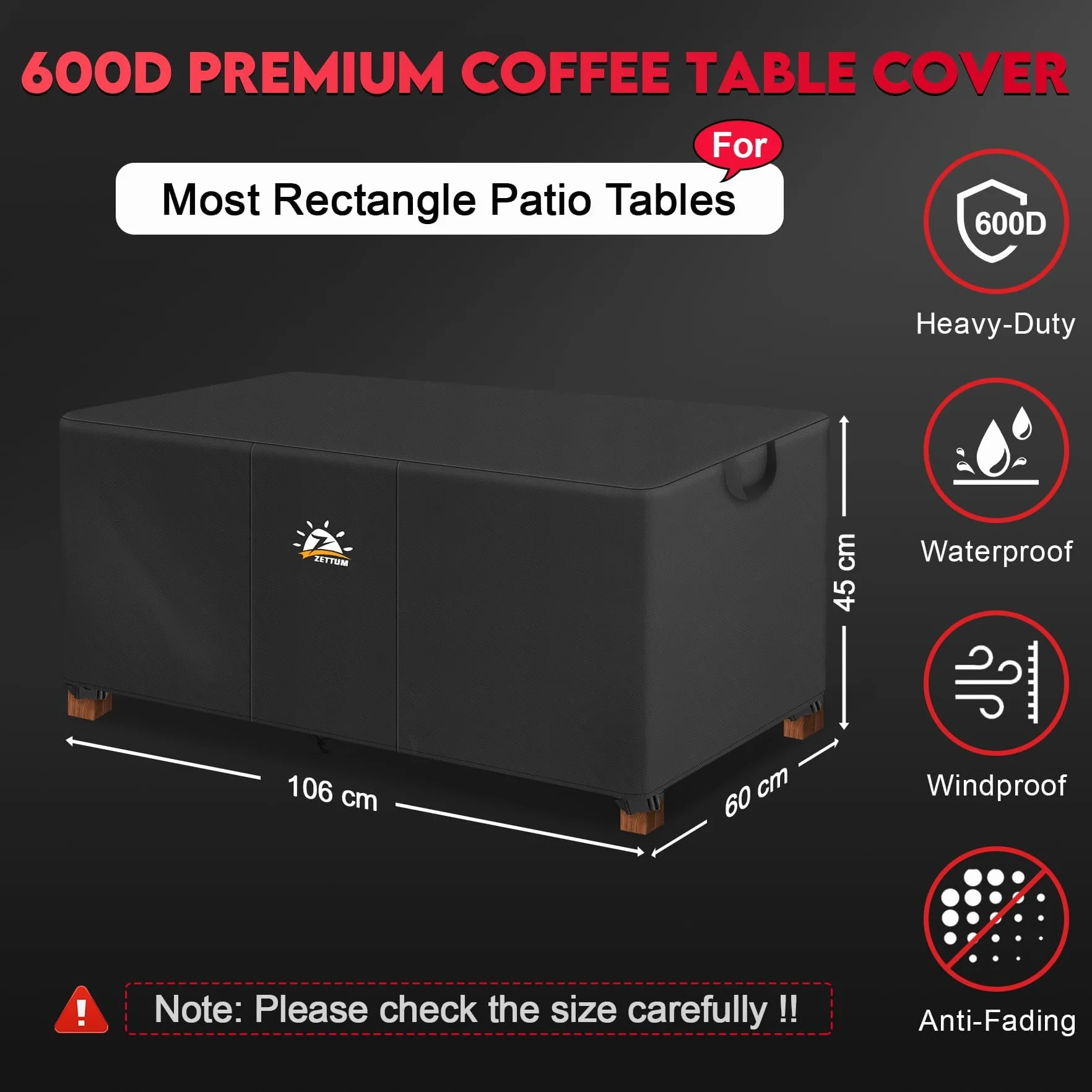 Zettum Housse pour table basse patio 106 x 60 x 45 cm, Tissu Oxford 600D PU Imperméable