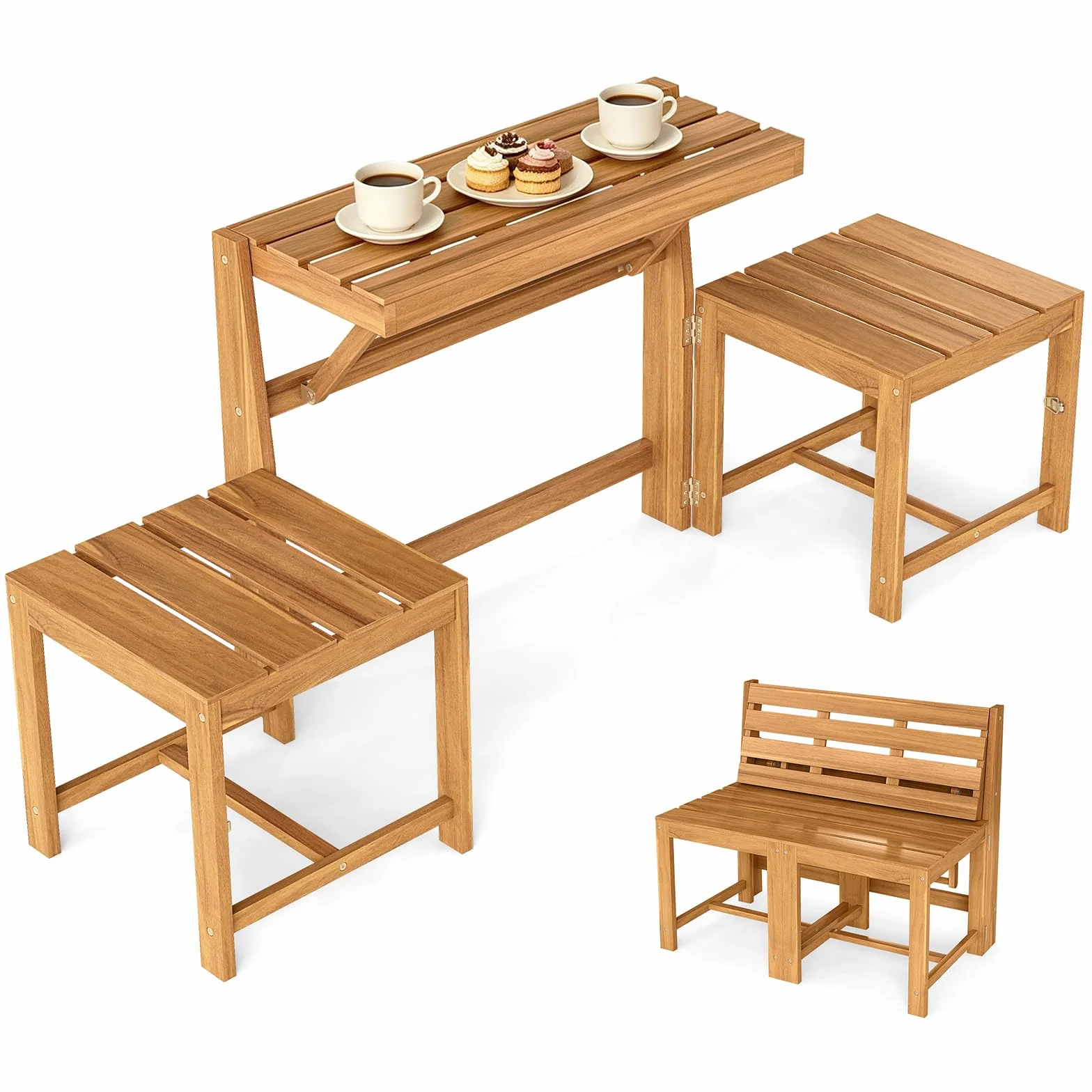 Banc Exterieur Jardin Convertible 3 en 1 en Bois d'Acacia avec Table Rabattable et 2 Chaises Intégrées pour Terrasse Balcon