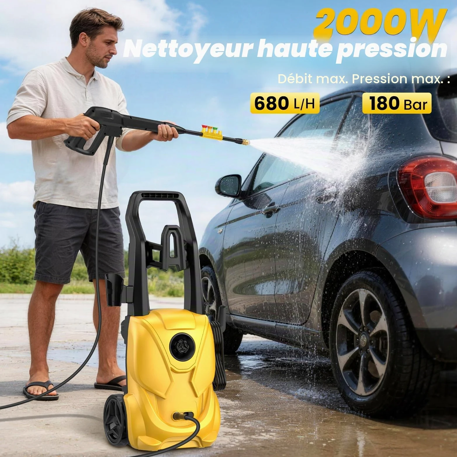 Nettoyeur Haute Pression, 180 Bar Nettoyeurs Haute-Pression, Débit : 680 L/H, 2000 W Moteur Brushless Laveur Haute Pression Eau Chaude, 5-en-1 pour Terrasse, Maison, Jardin, Voiture, Washer