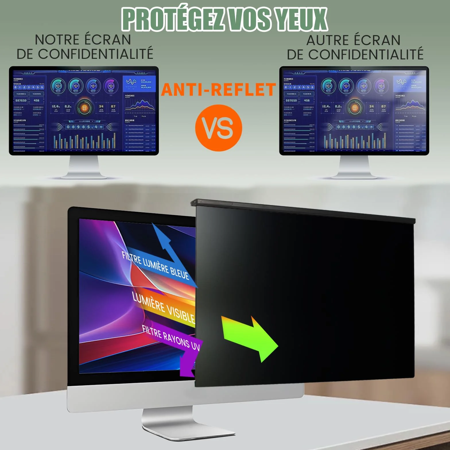 Filtre de Confidentialité Amovible 27 Pouces 16:9 Anti-Reflet HD Anti-Éblouissement Anti-Lumière Bleue pour Moniteur 61,3 x 36,9 cm